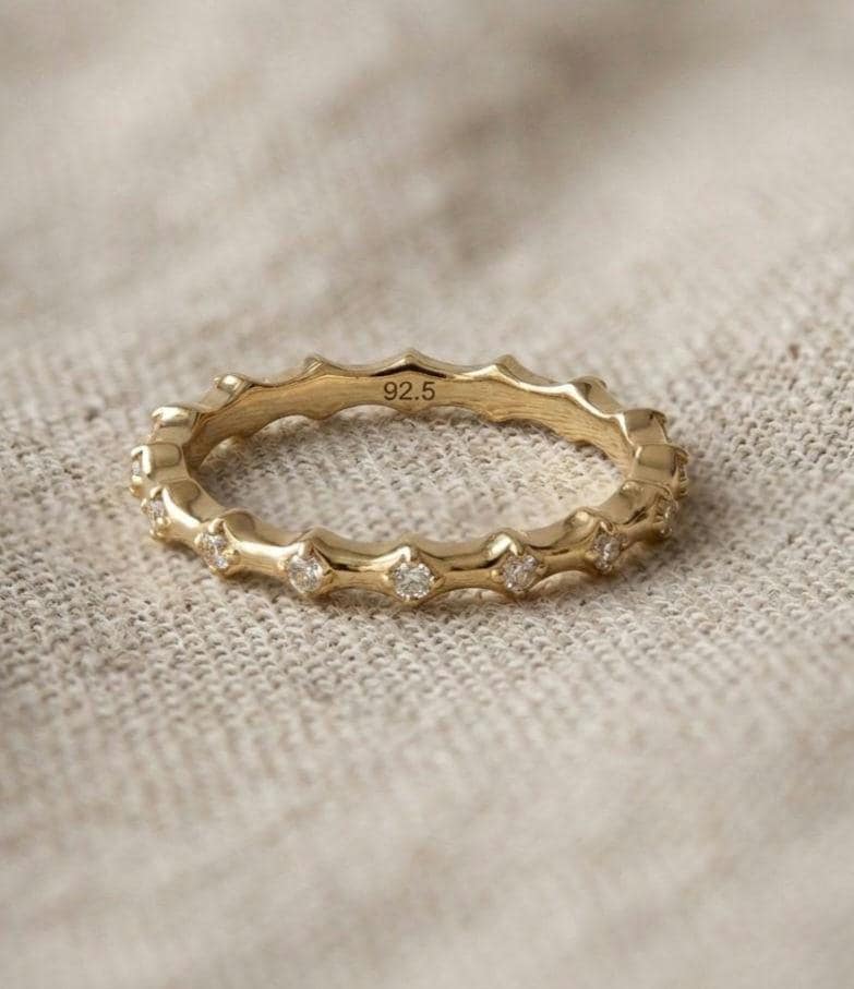 Textured Gold Eternity Band, 925 Sterling Silver, Scalloped CZ Stacking Ring