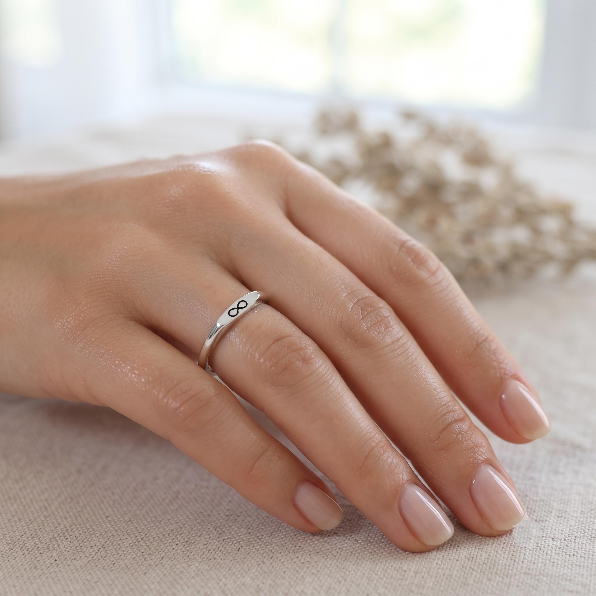 Rose Gold Infinity Ring, Dainty Stacking Band, Engraved Promise Jewelry
