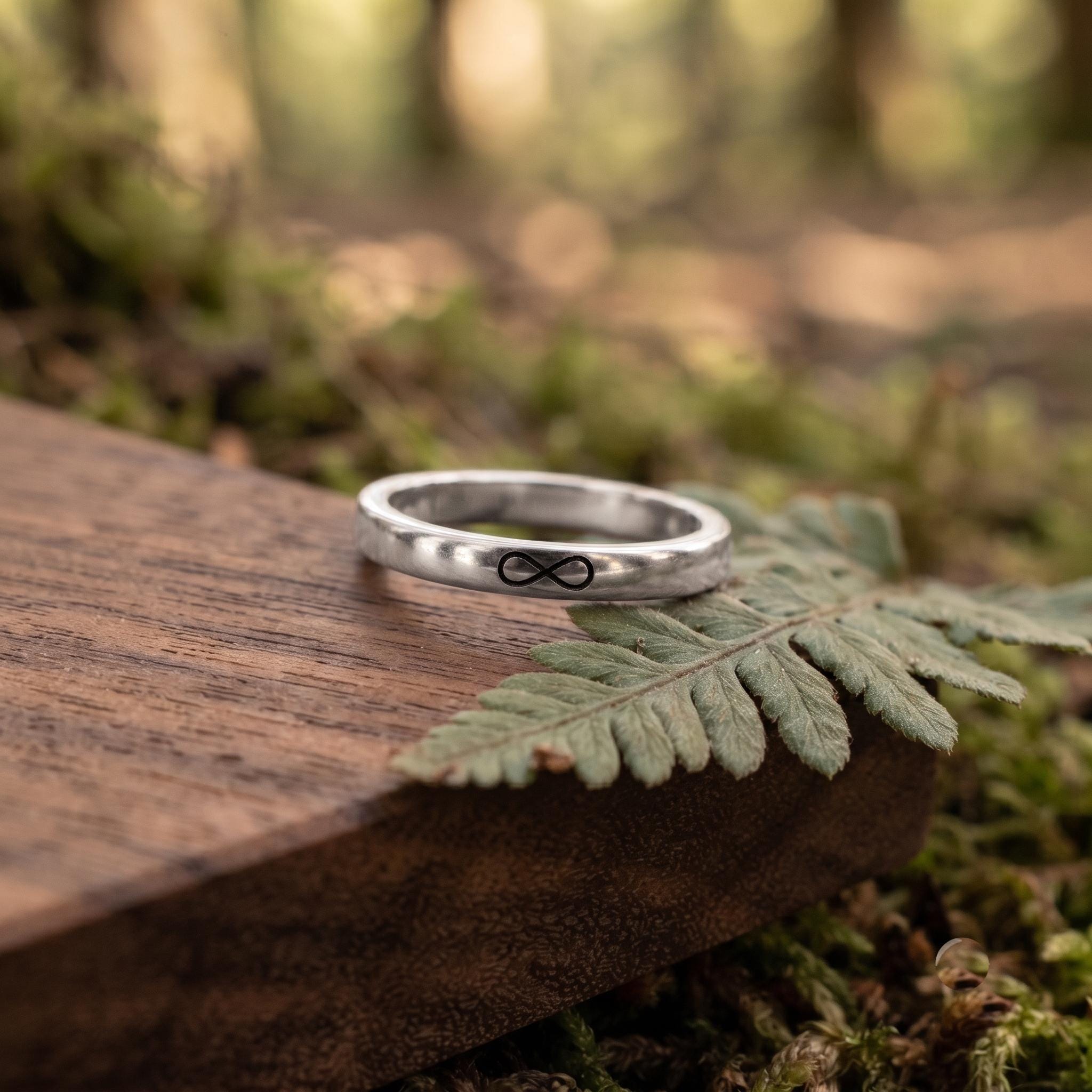 Rose Gold Infinity Ring, Dainty Stacking Band, Engraved Promise Jewelry