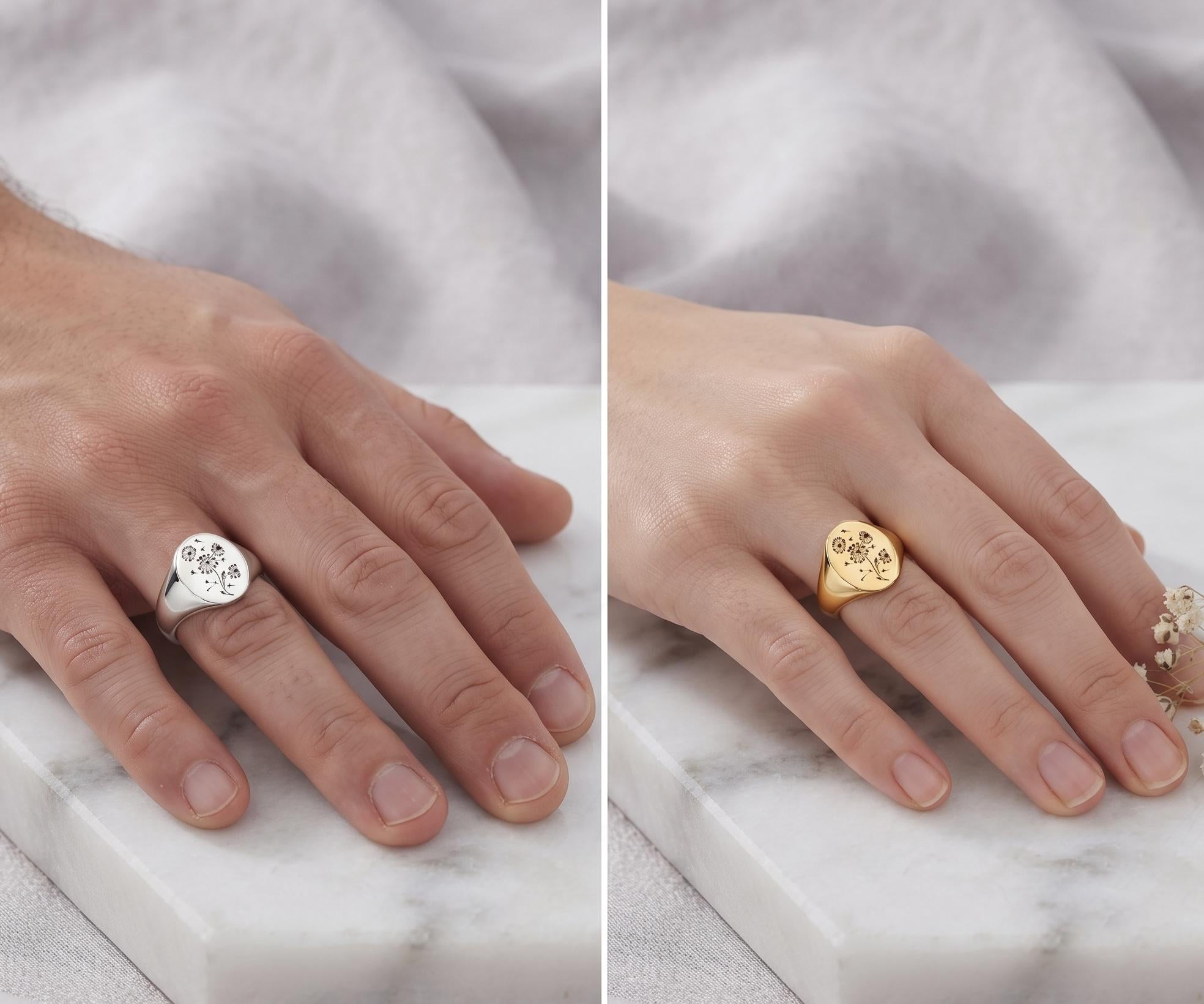 Gold Floral Signet Ring | Dainty Wildflower Botanical Engraving | Minimalist Nature Jewelry