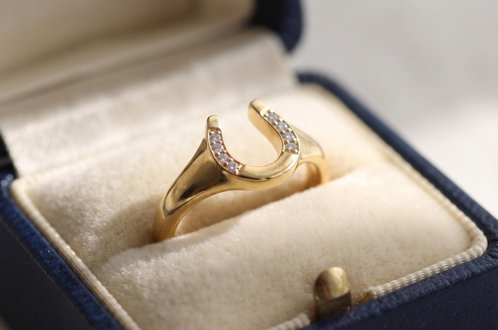 Gold Horseshoe Ring, Tiny Sparkling Stones, Minimalist Lucky Charm Band