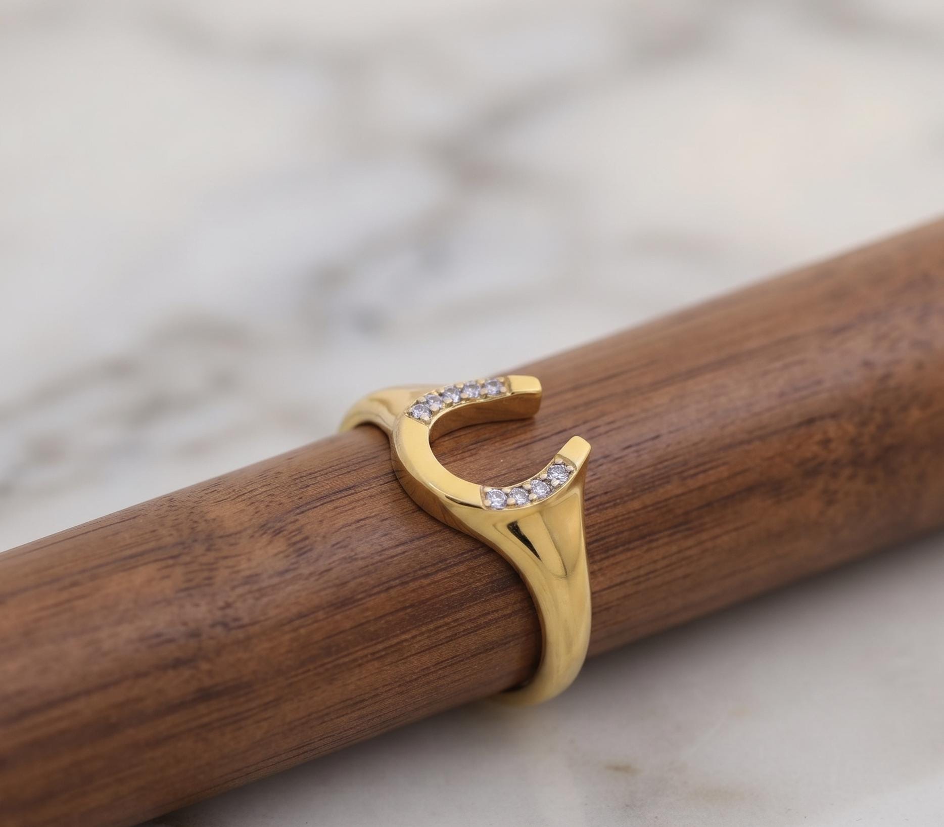 Gold Horseshoe Ring, Tiny Sparkling Stones, Minimalist Lucky Charm Band