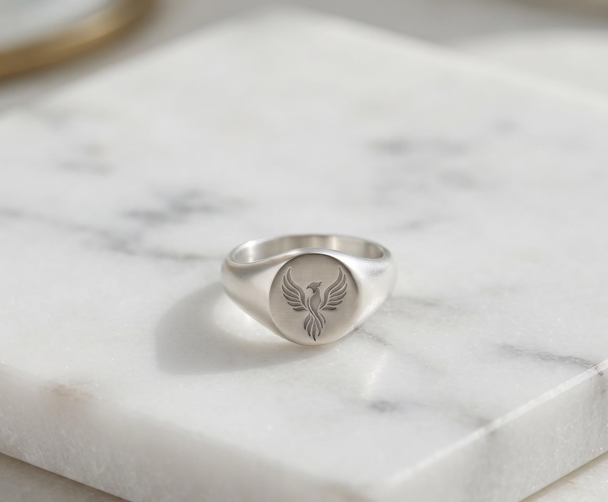 Sterling Silver Phoenix Signet Ring, Rising Bird Symbol, Men's Statement Jewelry