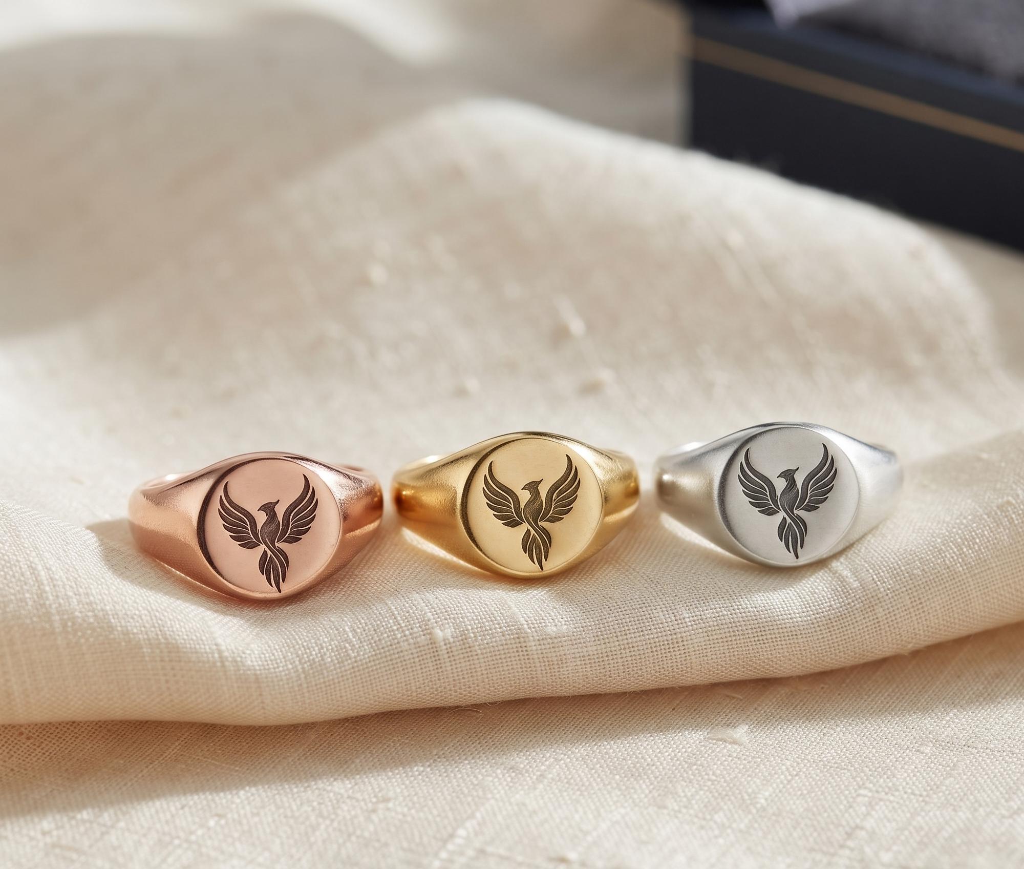 Sterling Silver Phoenix Signet Ring, Rising Bird Symbol, Men's Statement Jewelry