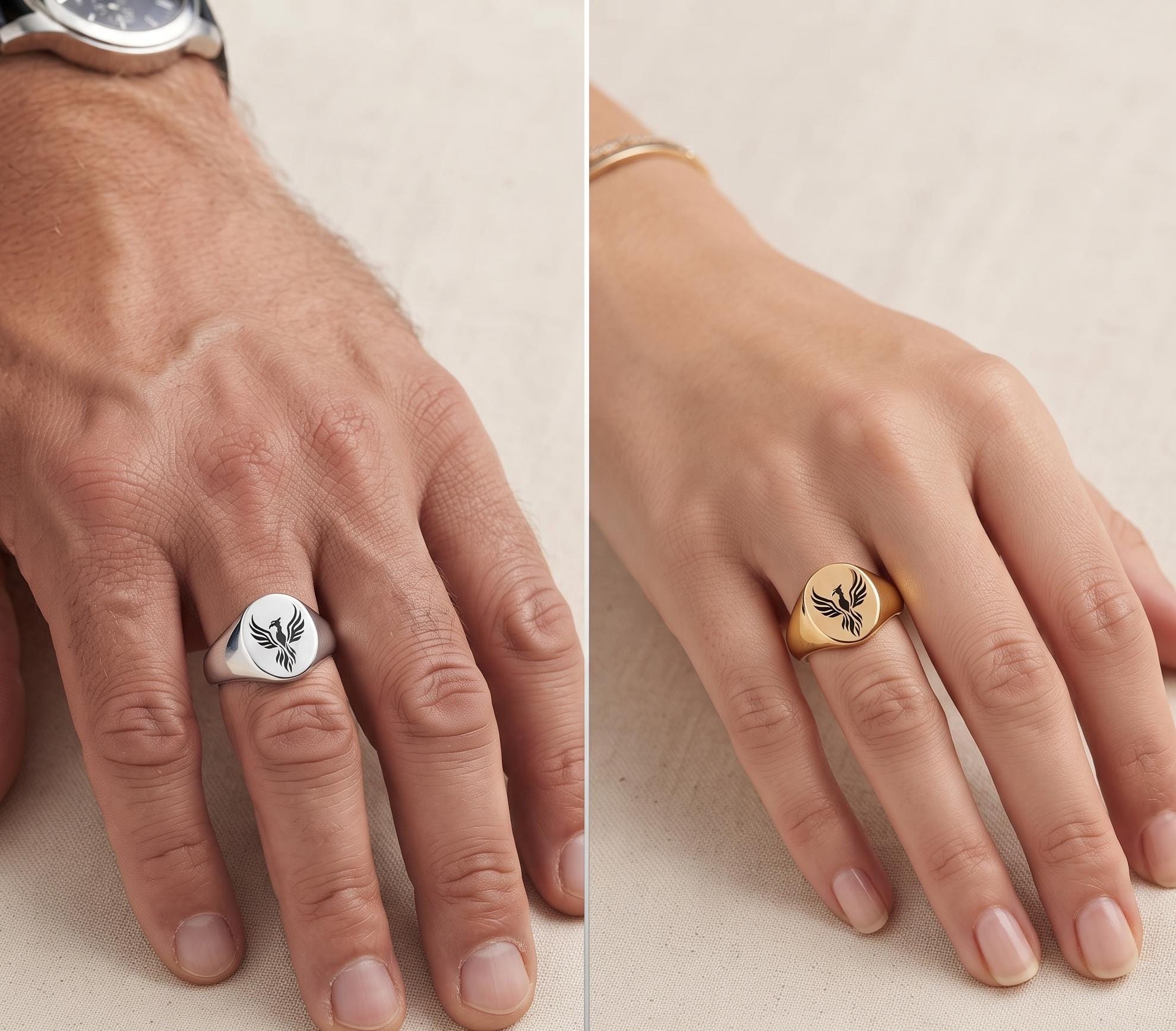 Sterling Silver Phoenix Signet Ring, Rising Bird Symbol, Men's Statement Jewelry