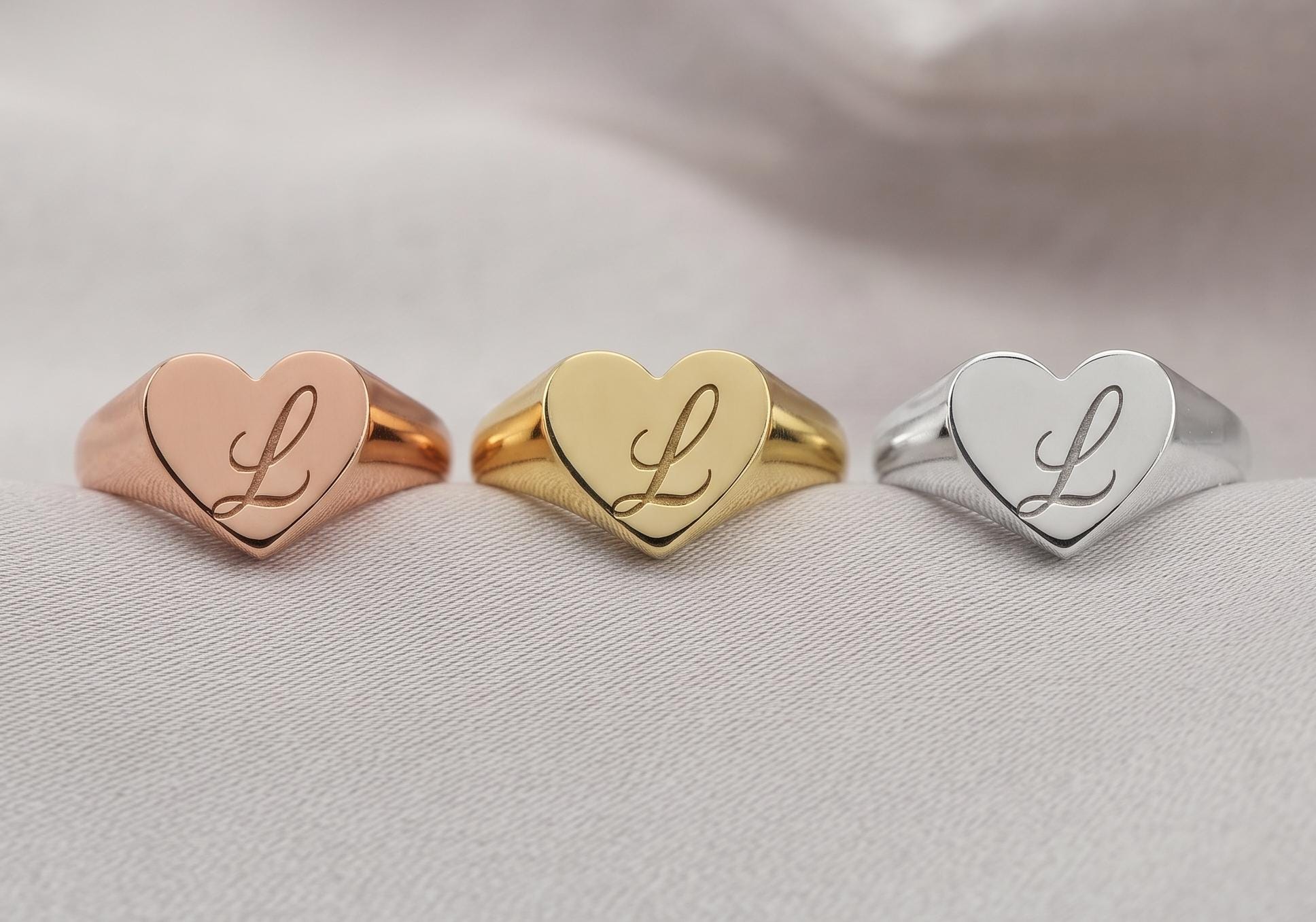 Personalized Heart Initial Signet Ring, Gold Silver Monogram Jewelry