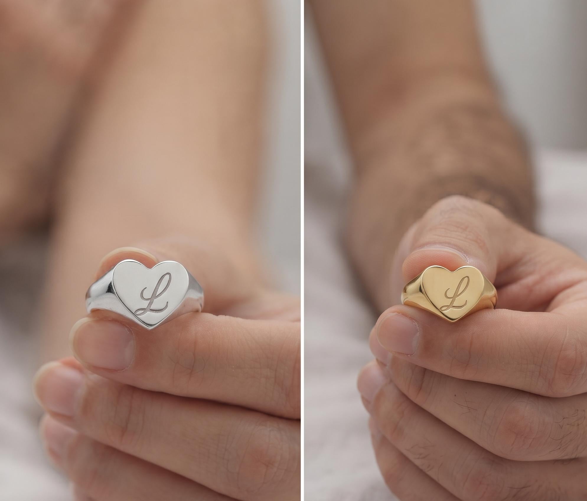 Personalized Heart Initial Signet Ring, Gold Silver Monogram Jewelry