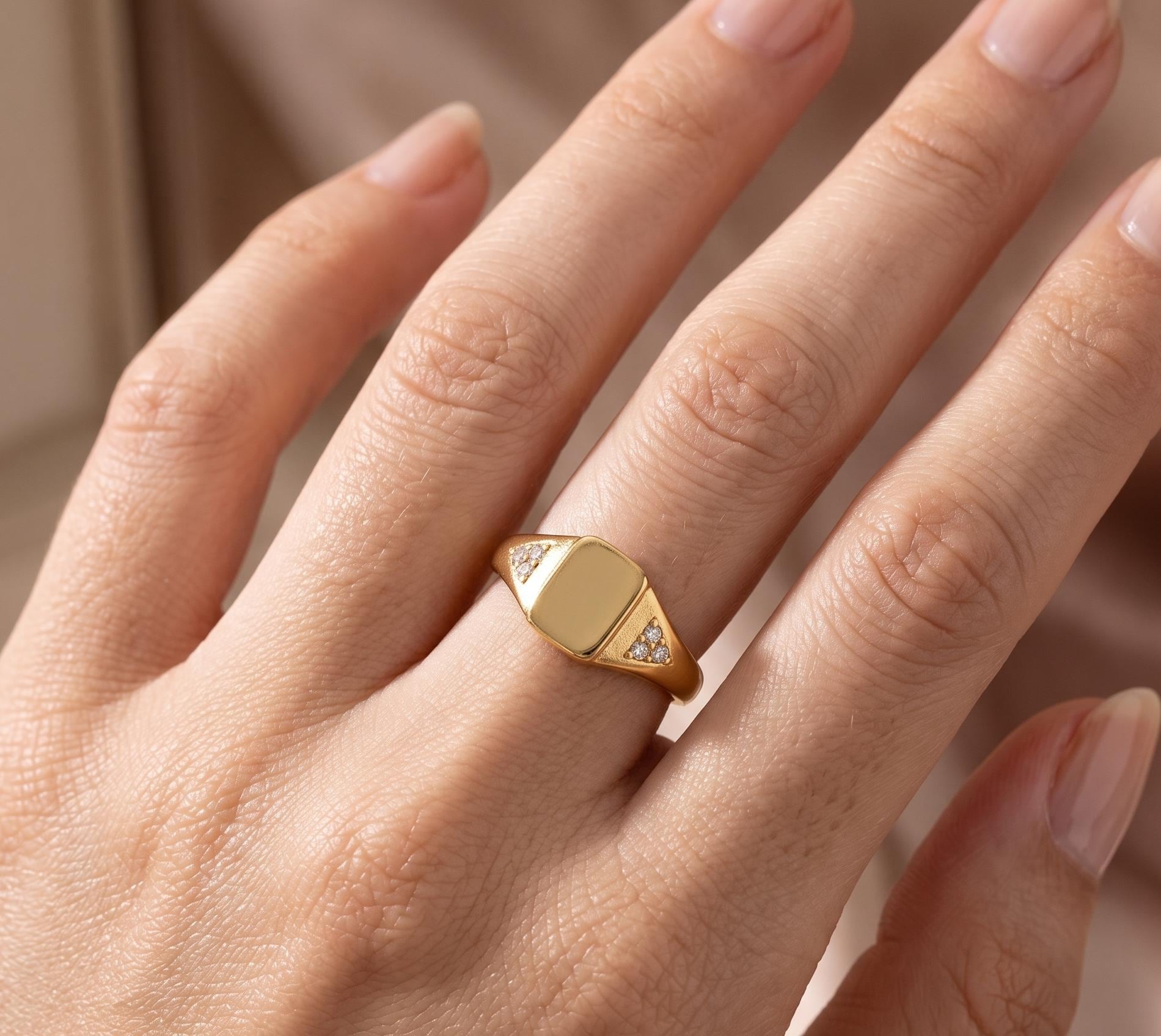 Solid Gold Diamond Signet Ring, Minimalist Pinky Ring, Personalized Engraving Available
