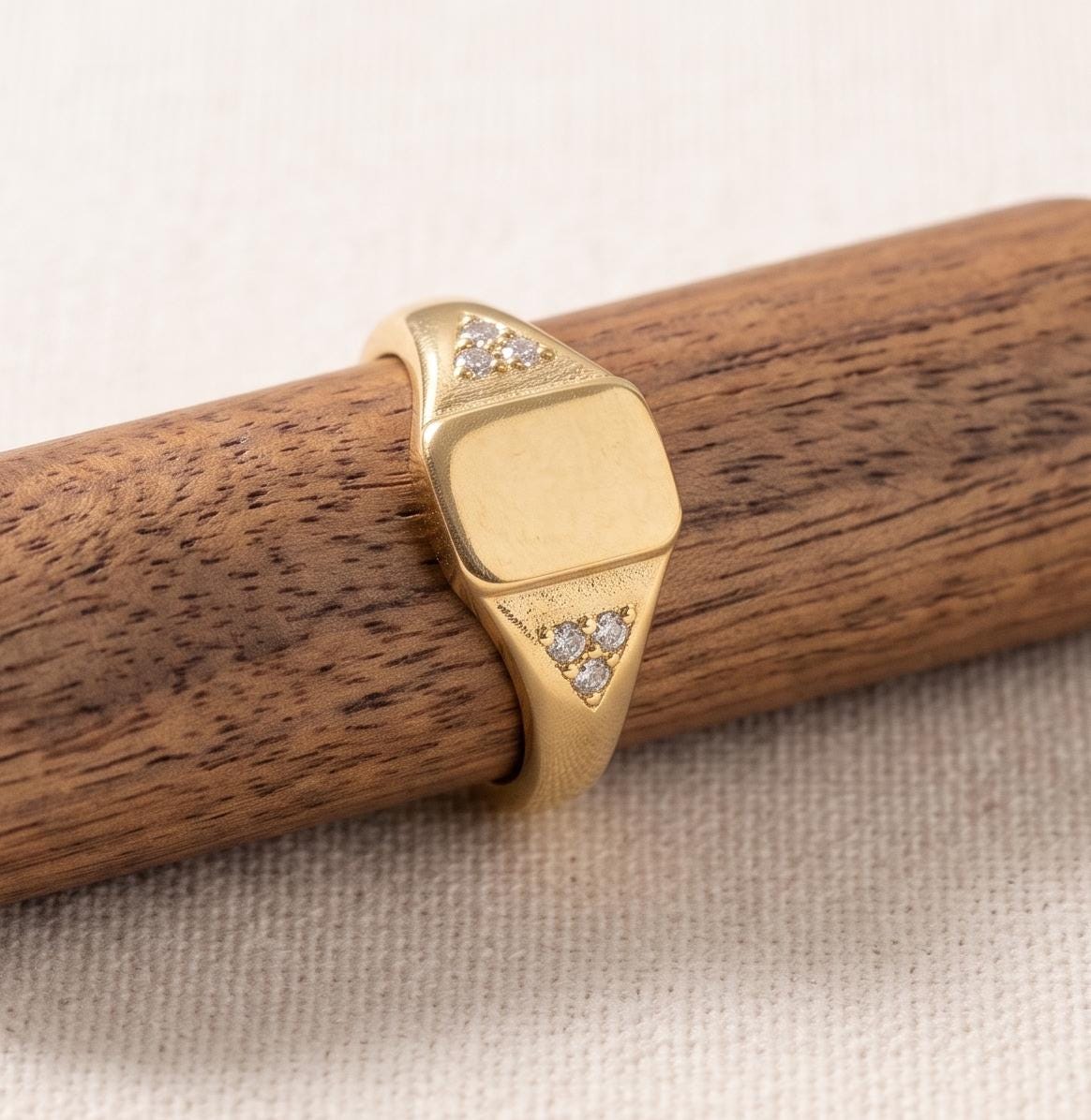 Solid Gold Diamond Signet Ring, Minimalist Pinky Ring, Personalized Engraving Available