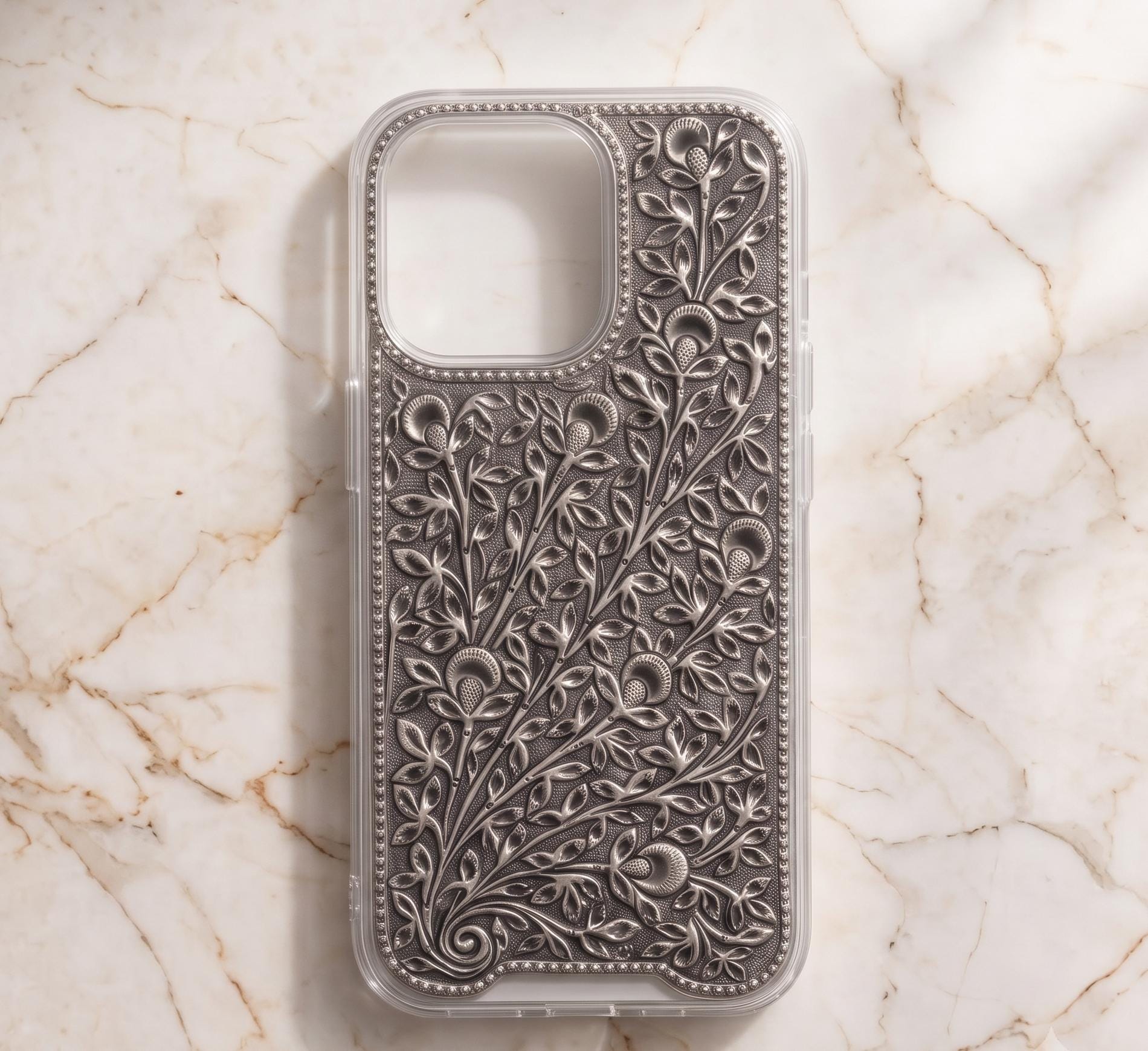 Engraved Floral Silver Metal iPhone Case | Transparent Protective Cover
