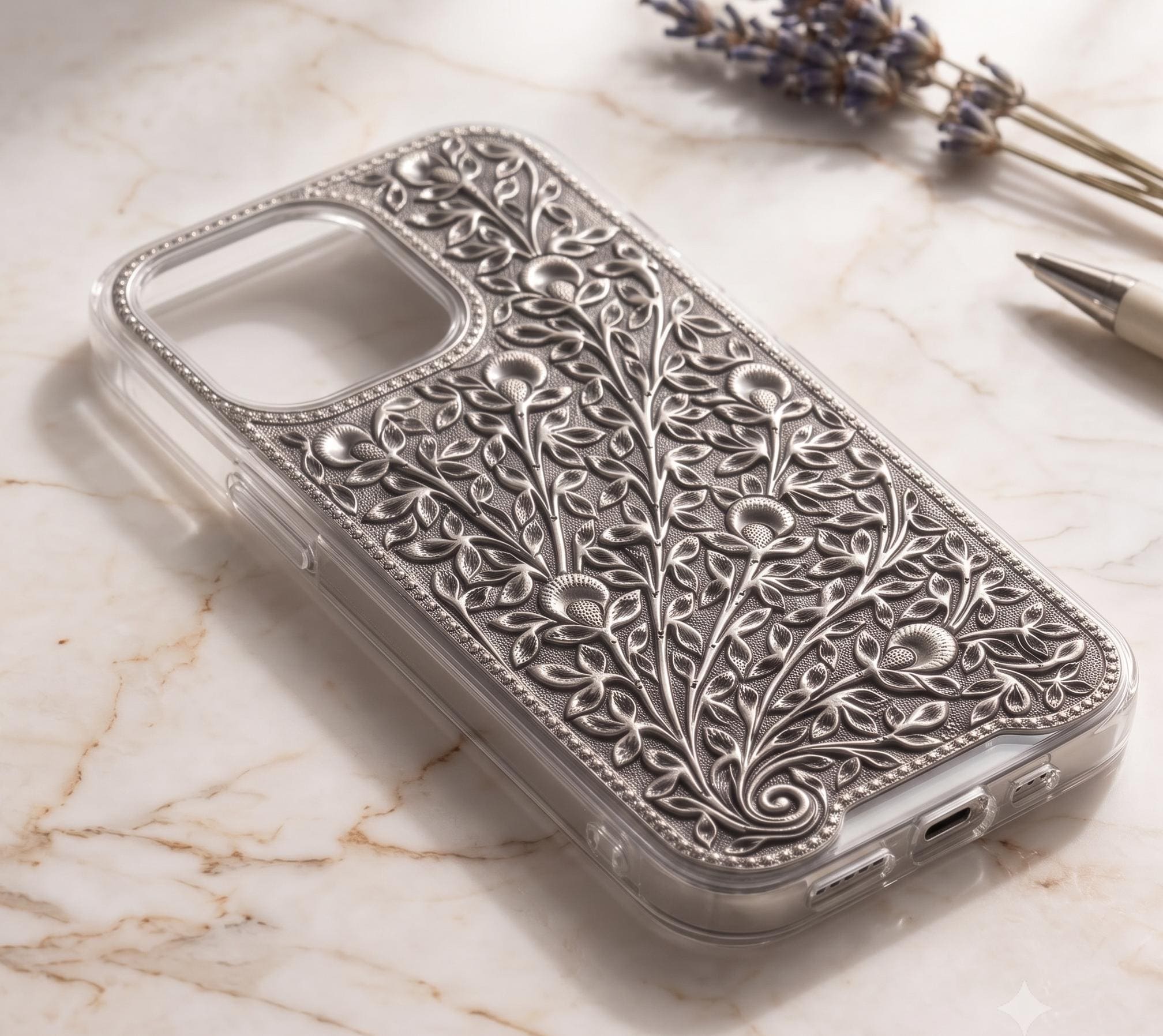 Engraved Floral Silver Metal iPhone Case | Transparent Protective Cover