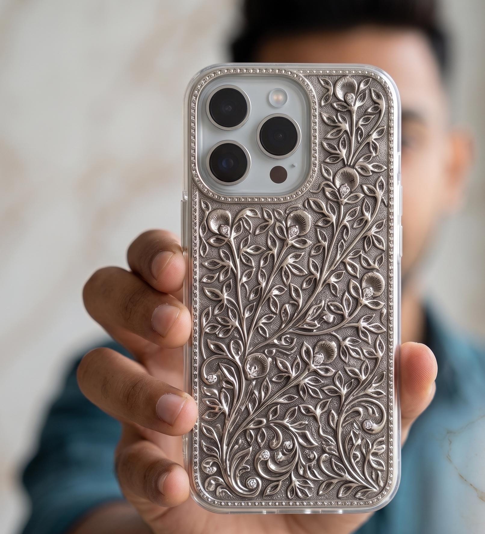 Engraved Floral Silver Metal iPhone Case | Transparent Protective Cover
