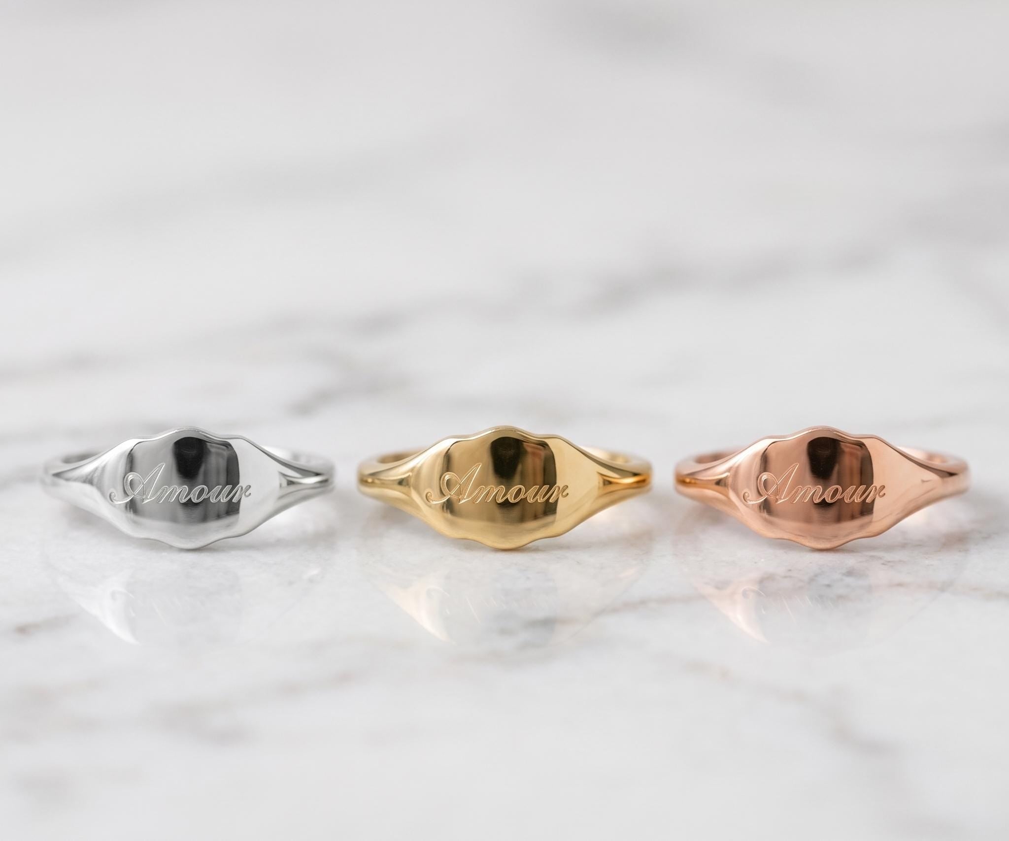 Custom Engraved Gold Signet Ring, Amour Script Dainty Personalized Jewelry