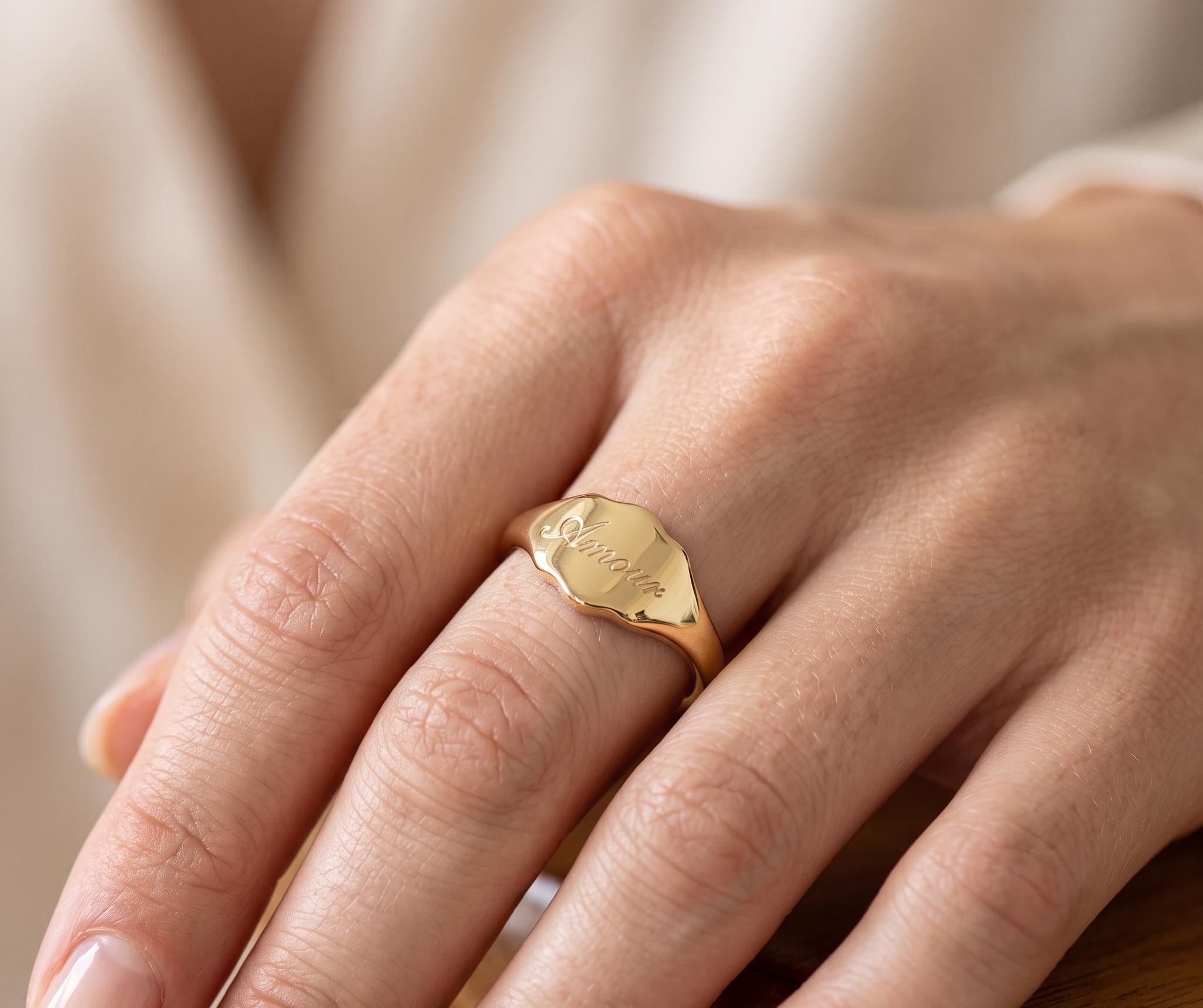 Custom Engraved Gold Signet Ring, Amour Script Dainty Personalized Jewelry
