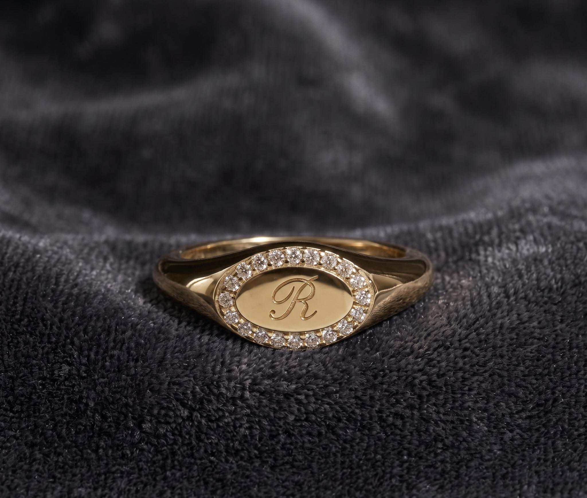 14k Solid Gold Pave Diamond Oval Signet Ring, Personalized Initial Monogram Statement