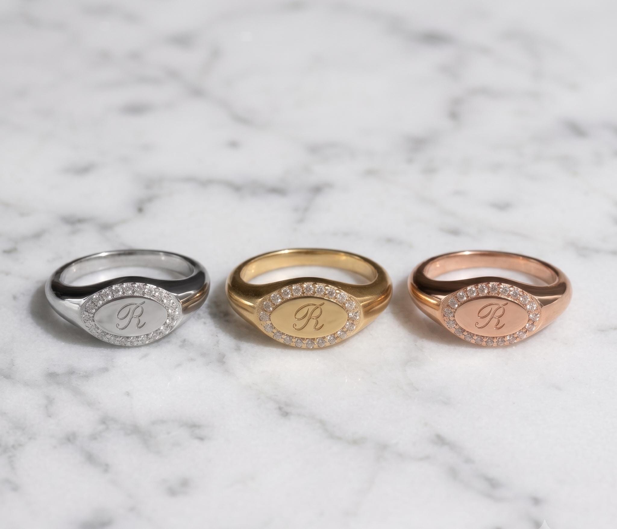 14k Solid Gold Pave Diamond Oval Signet Ring, Personalized Initial Monogram Statement