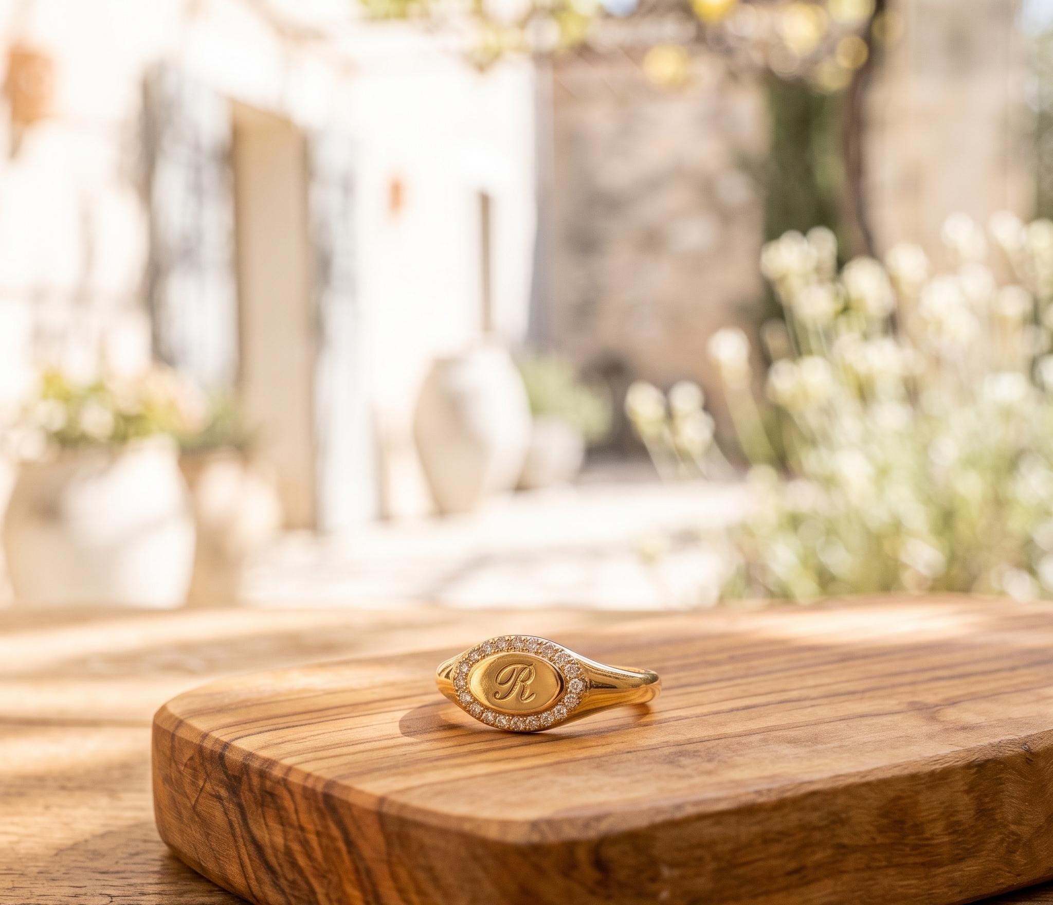 14k Solid Gold Pave Diamond Oval Signet Ring, Personalized Initial Monogram Statement
