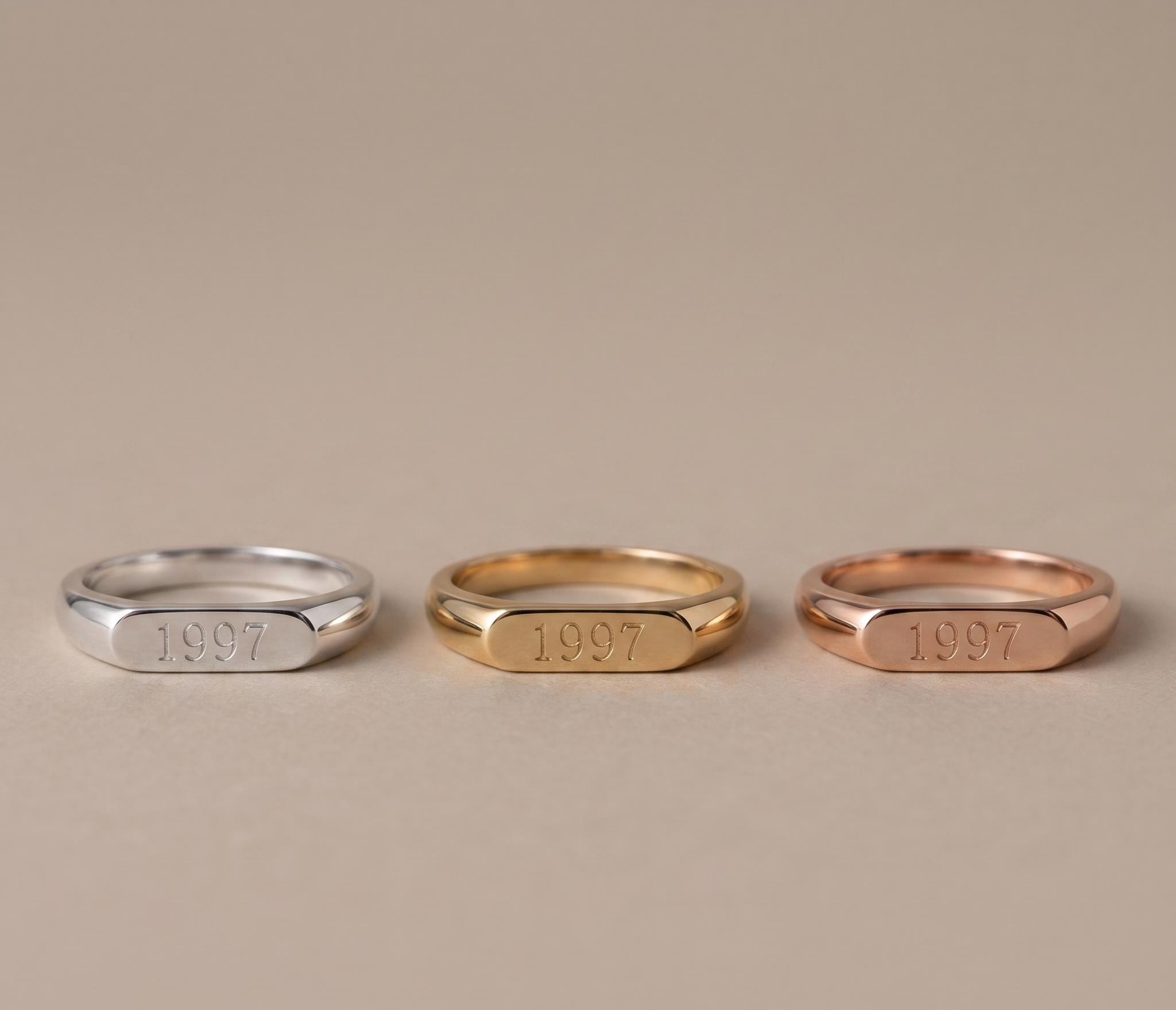 Personalized Engraved Gold Band Ring, Minimalist Anniversary Birth Year