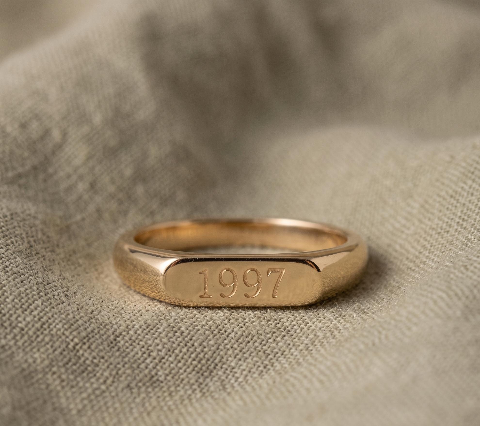 Personalized Engraved Gold Band Ring, Minimalist Anniversary Birth Year