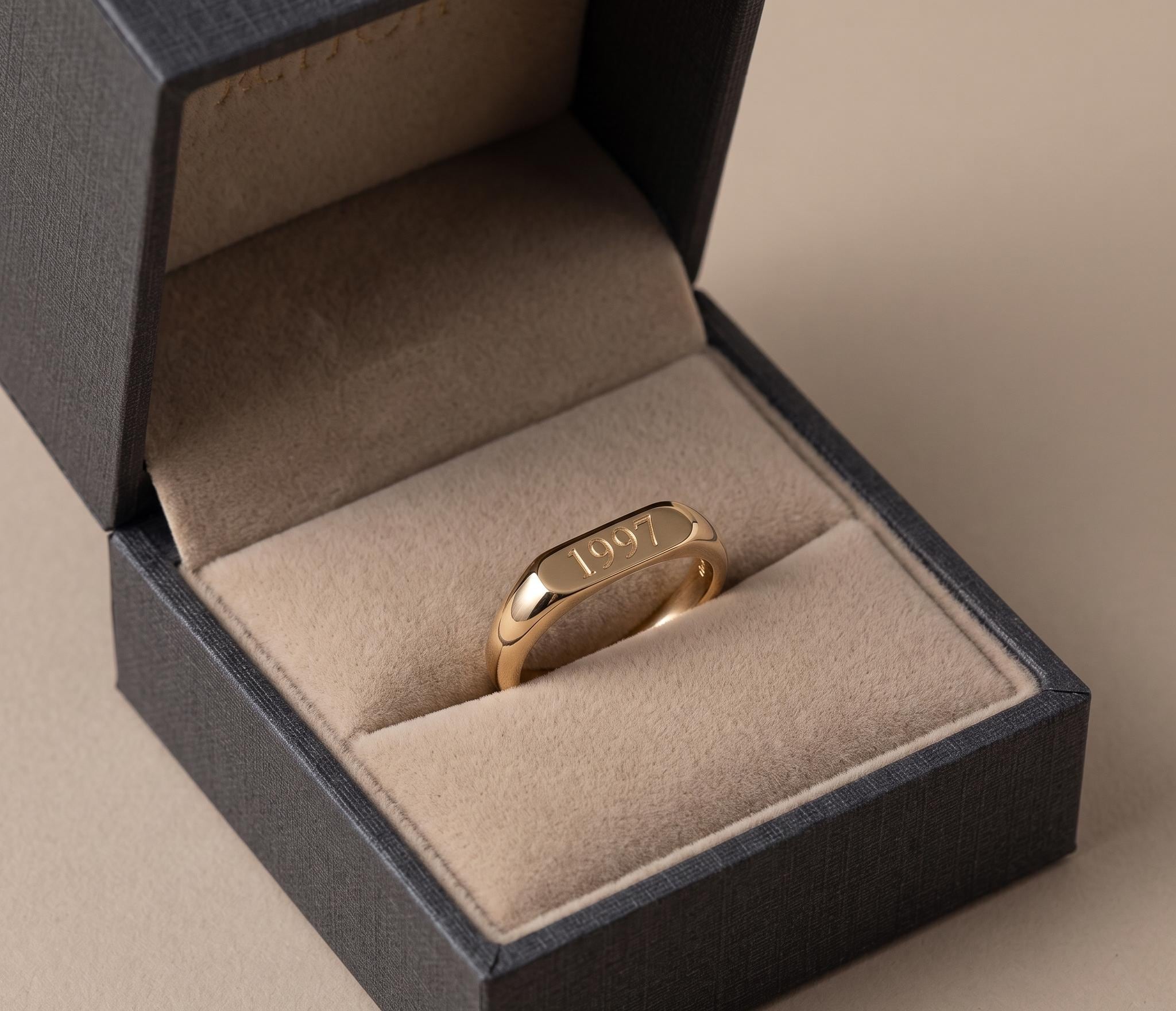Personalized Engraved Gold Band Ring, Minimalist Anniversary Birth Year
