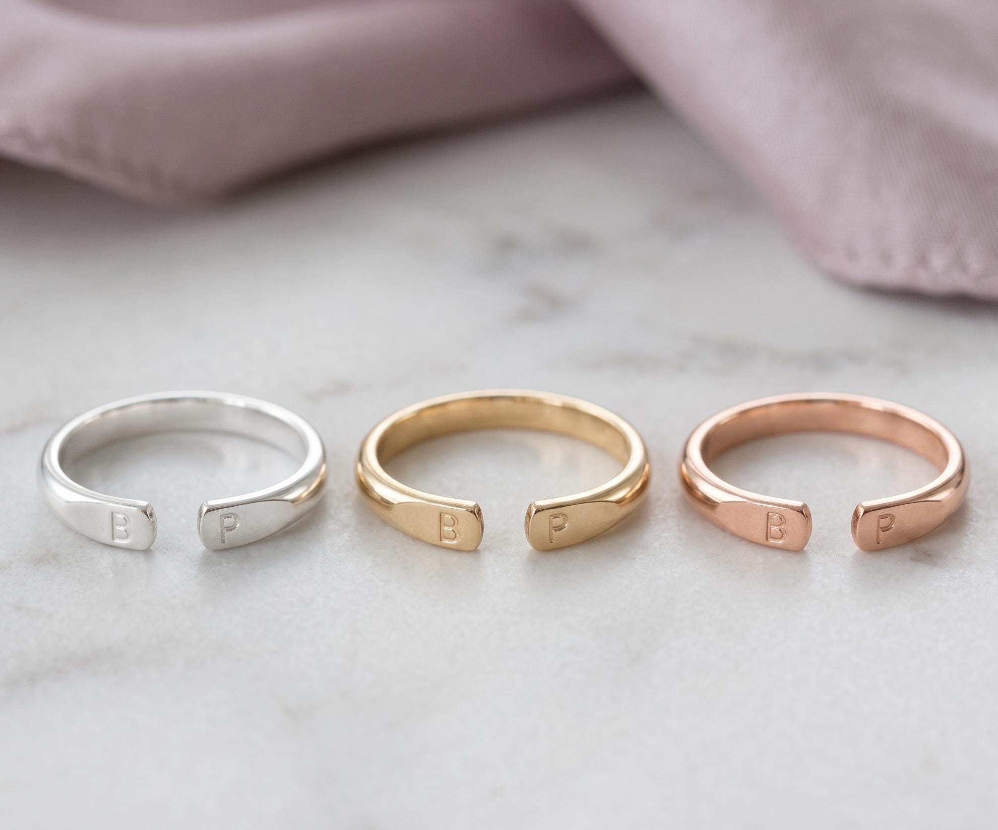 Personalized Open Initial Gold Ring, Custom Engraved Couple Band, Minimalist Keepsake