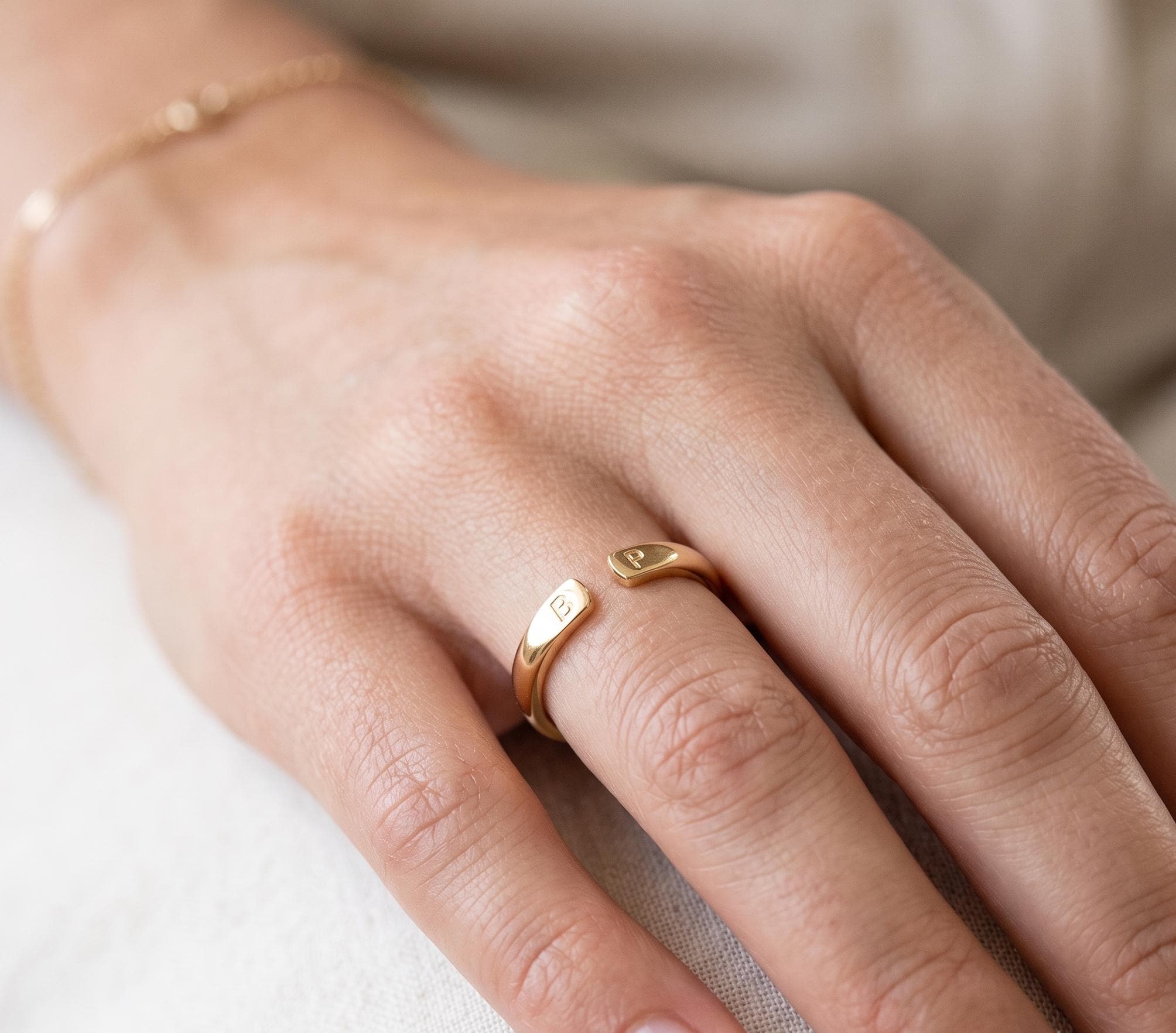 Personalized Open Initial Gold Ring, Custom Engraved Couple Band, Minimalist Keepsake