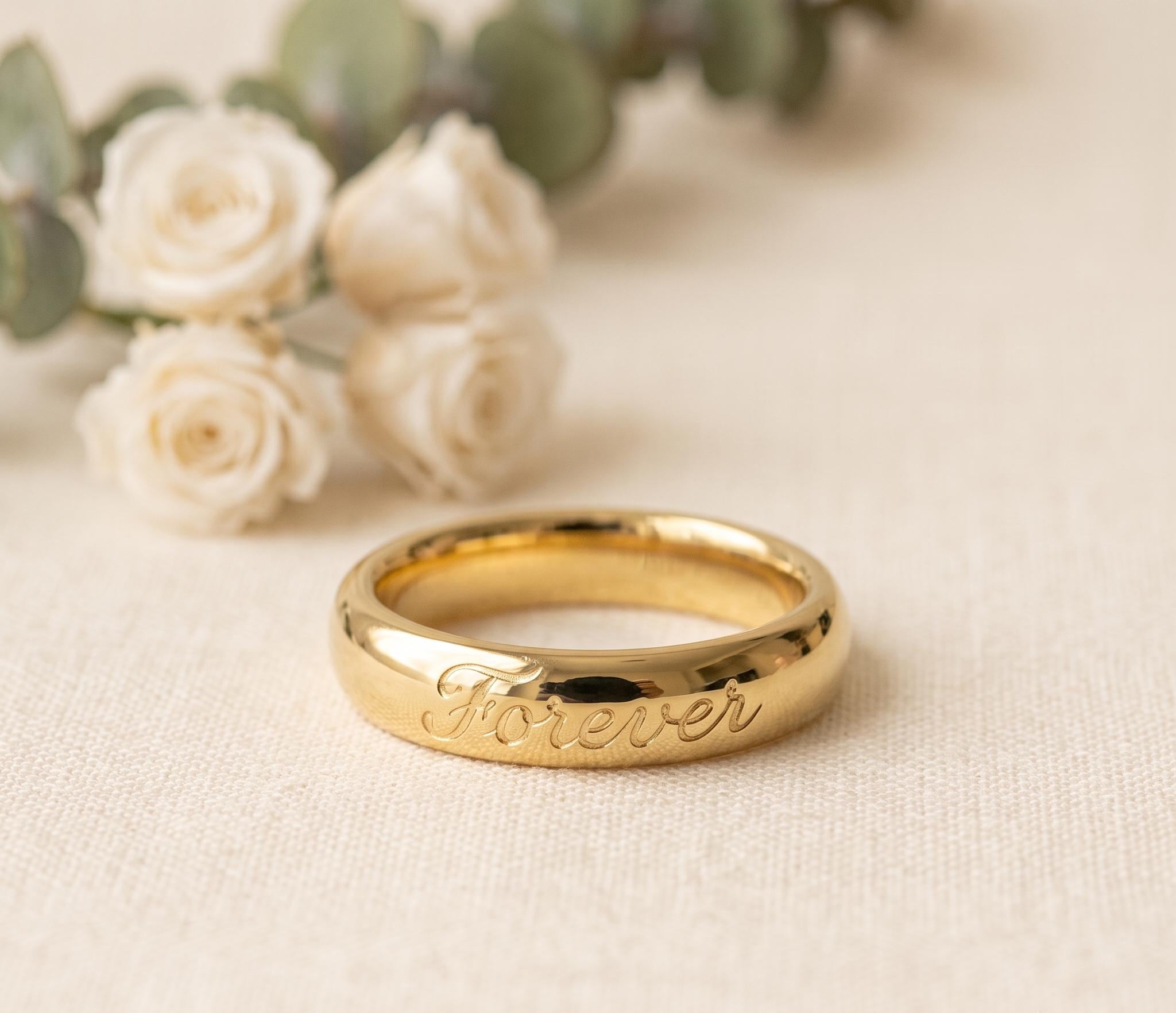 Personalized Gold Band Ring, Custom Script Engraved, Minimalist Promise Anniversary Gift
