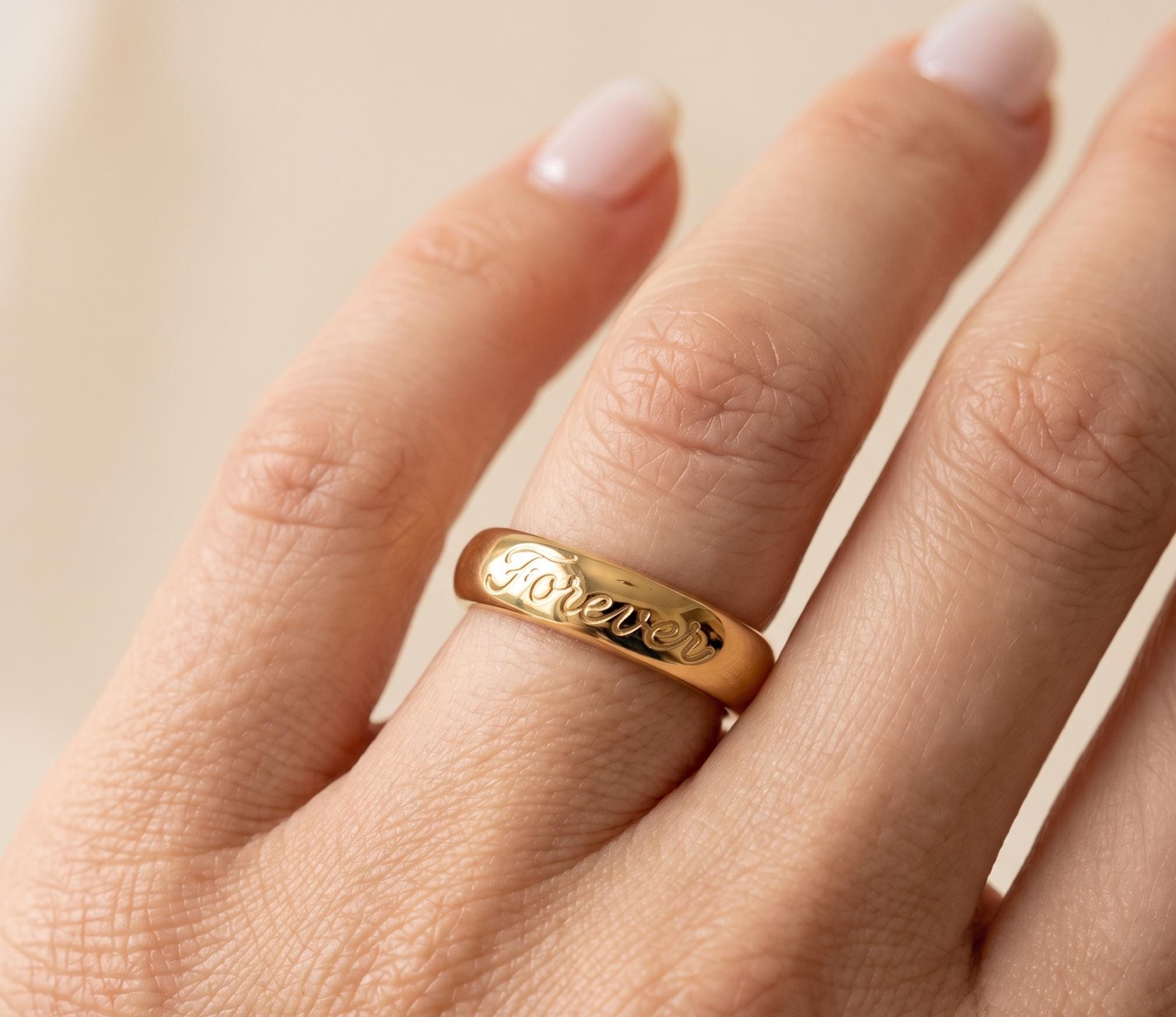 Personalized Gold Band Ring, Custom Script Engraved, Minimalist Promise Anniversary Gift