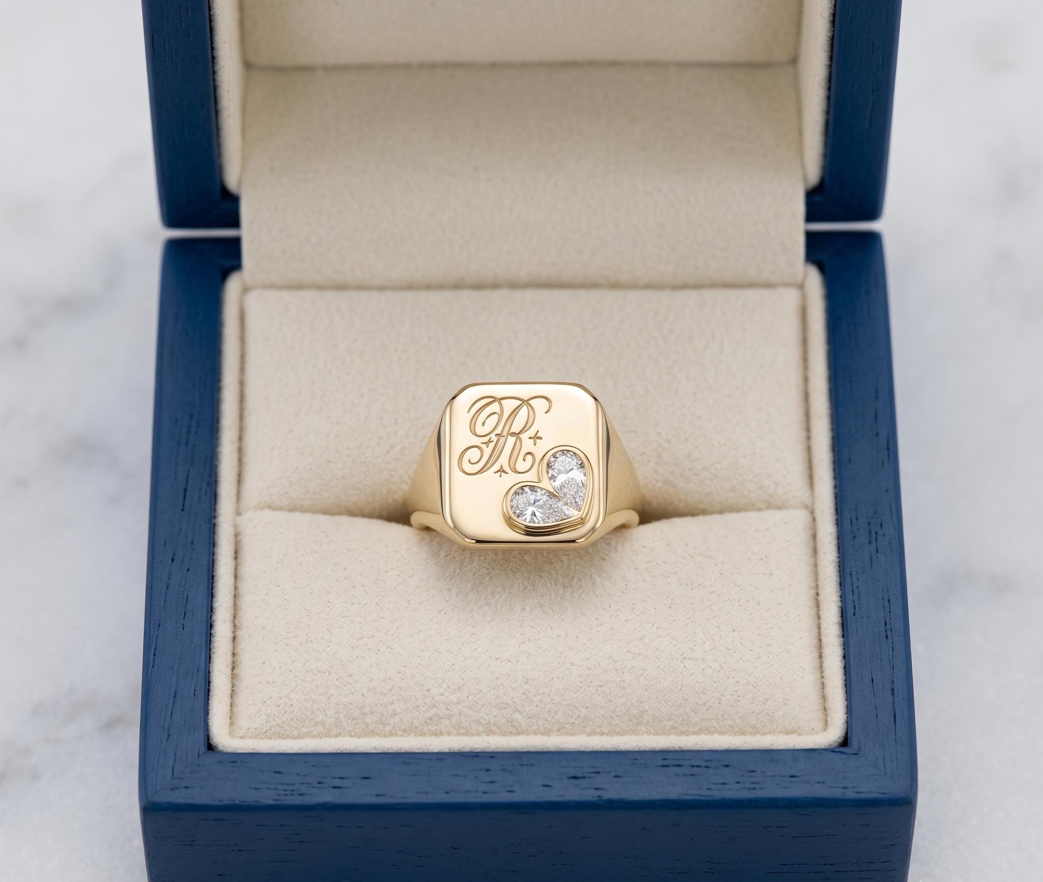 Personalized Heart Diamond Signet Ring, Solid Gold Custom Initial Engagement Ring