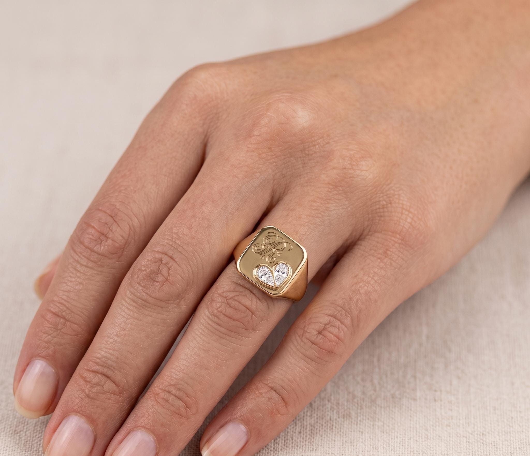 Personalized Heart Diamond Signet Ring, Solid Gold Custom Initial Engagement Ring