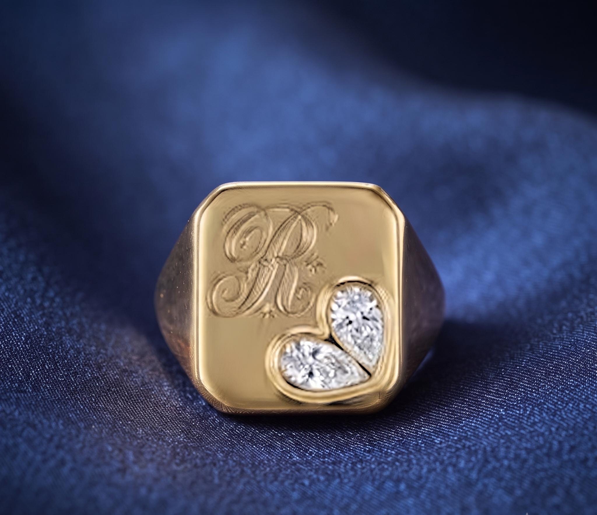 Personalized Heart Diamond Signet Ring, Solid Gold Custom Initial Engagement Ring