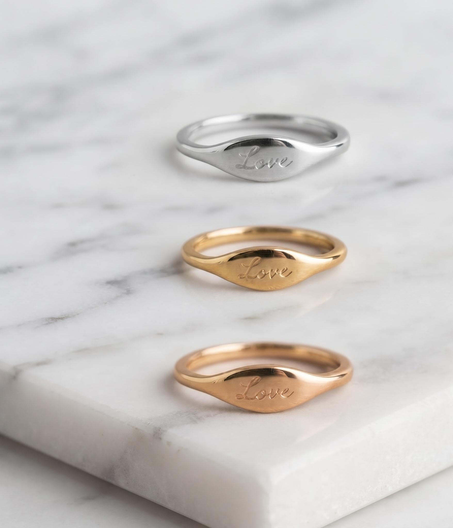 Personalized Love Signet Ring, Solid Gold Marquise Face, Minimalist Promise Ring