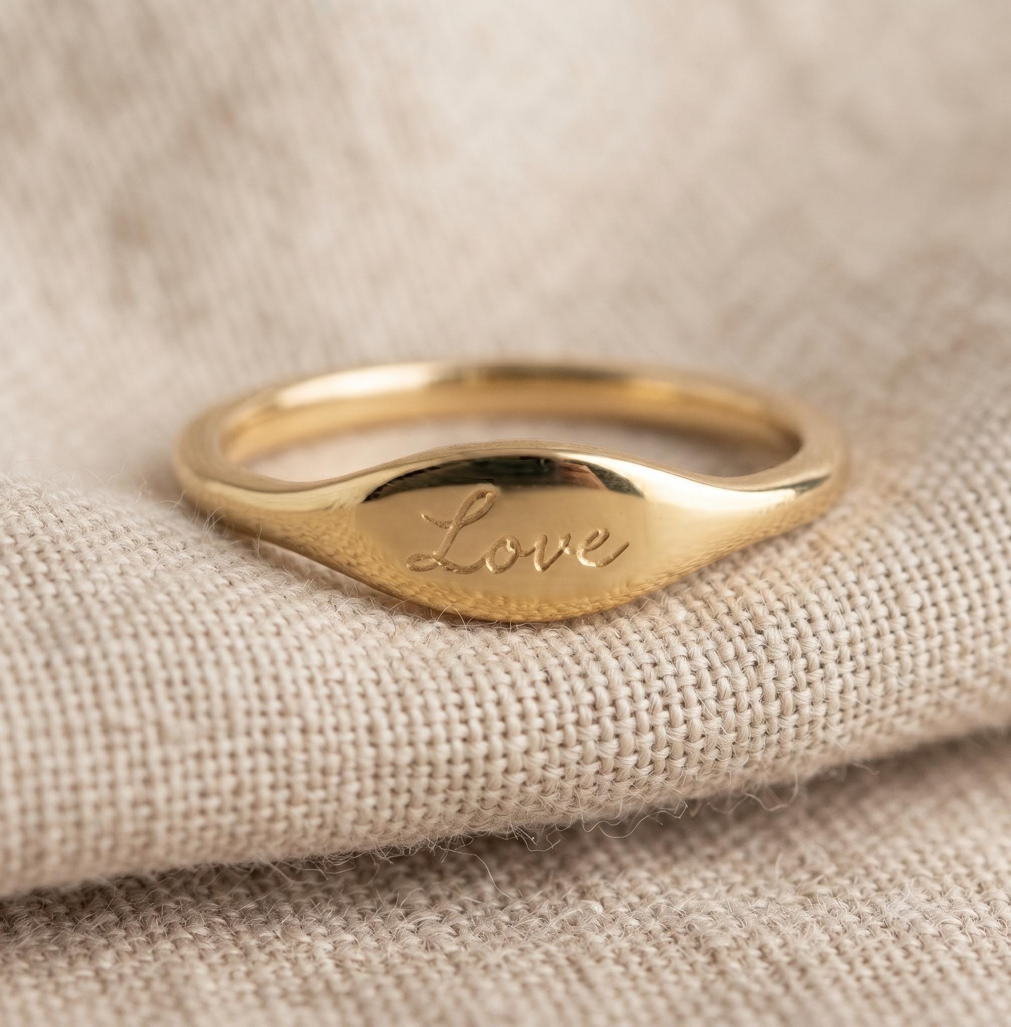 Personalized Love Signet Ring, Solid Gold Marquise Face, Minimalist Promise Ring