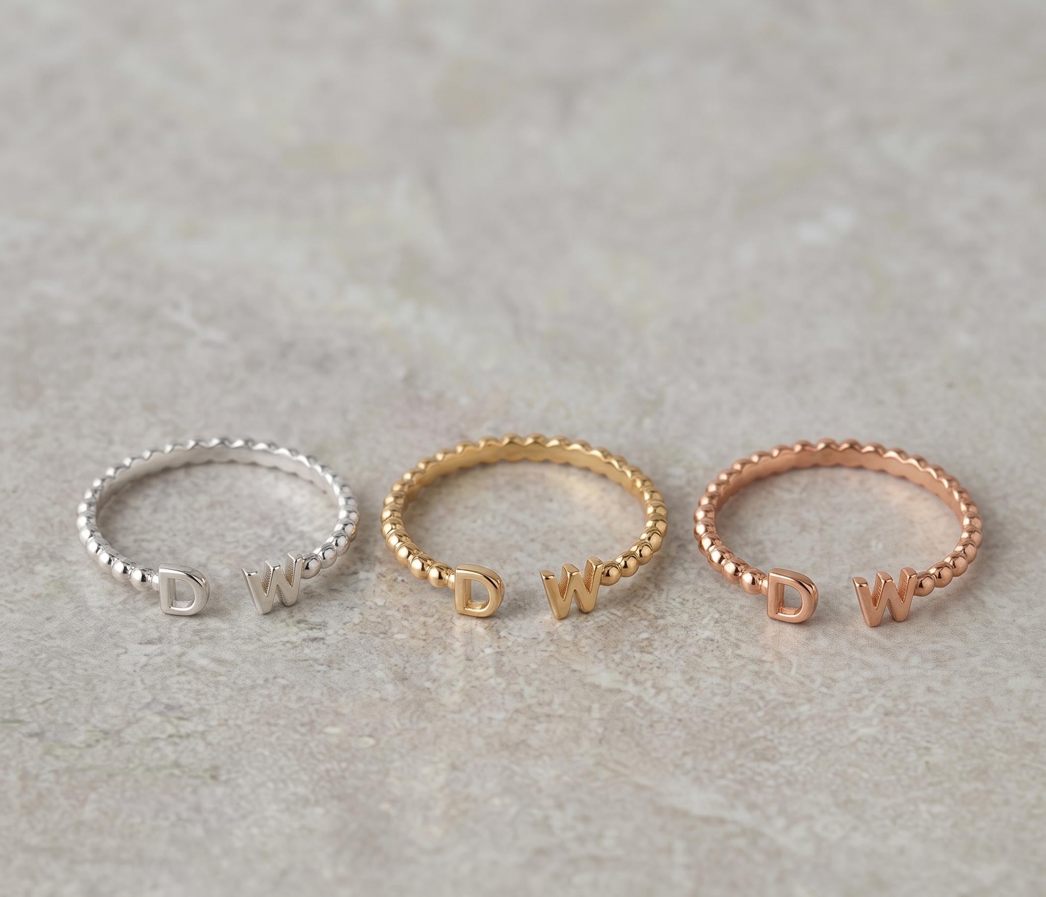 Personalized Beaded Gold Initial Open Ring, Custom Two Letter Stackable Jewelry