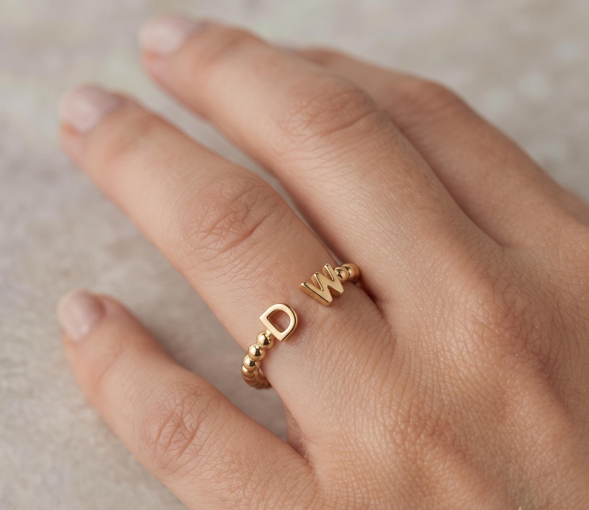 Personalized Beaded Gold Initial Open Ring, Custom Two Letter Stackable Jewelry