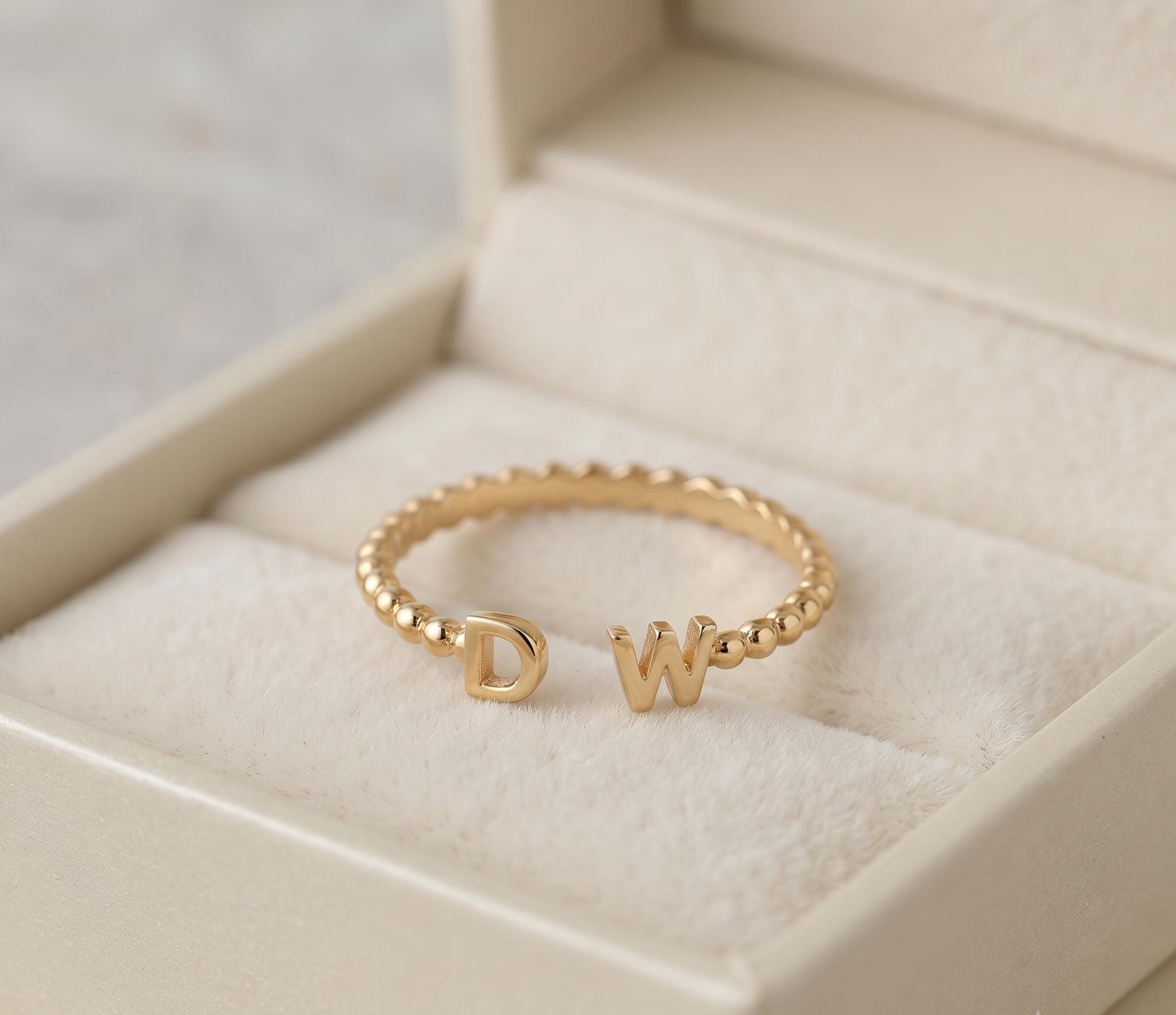 Personalized Beaded Gold Initial Open Ring, Custom Two Letter Stackable Jewelry