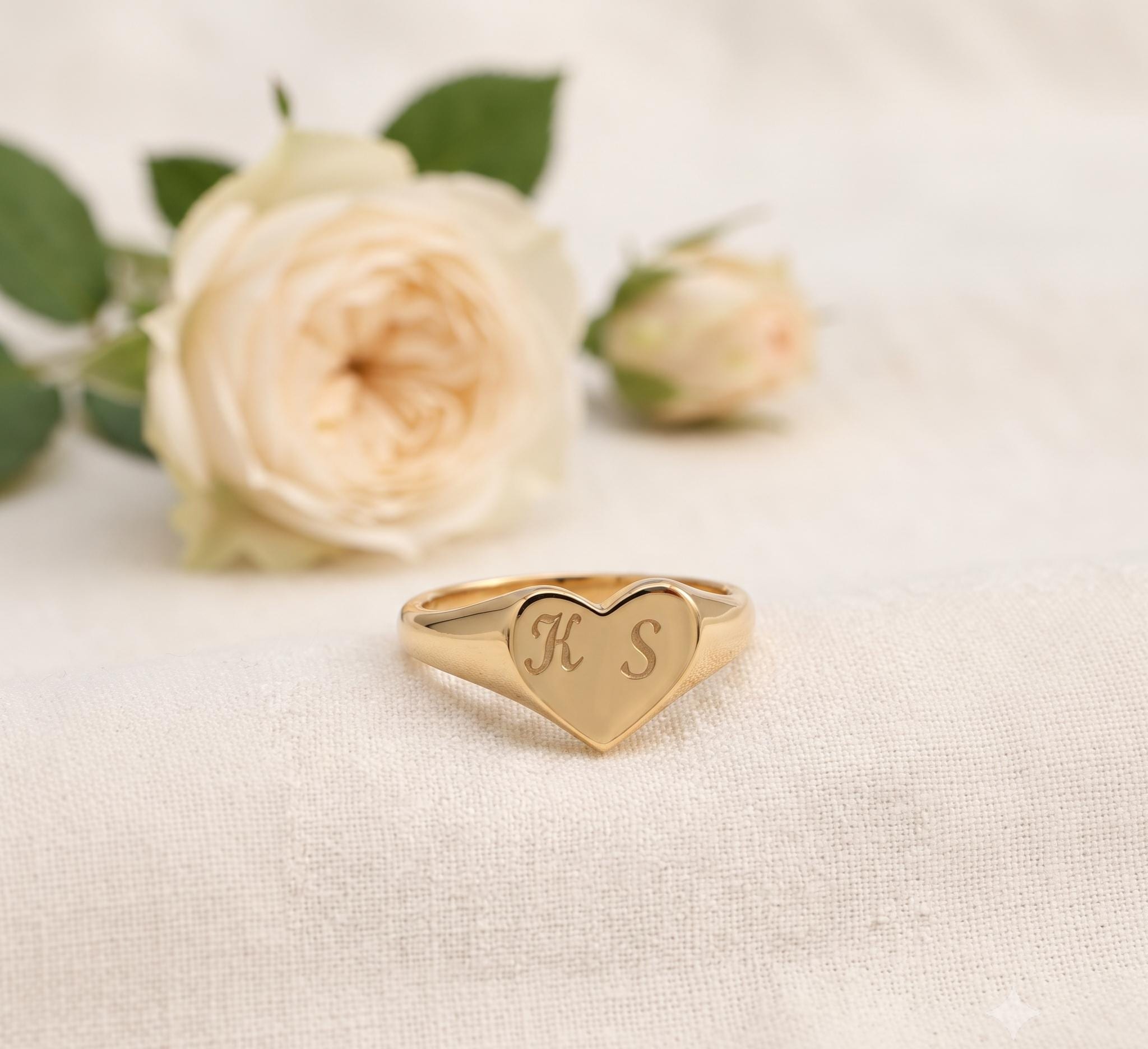 Custom Heart Signet Ring, Engraved Initials, 14K Gold Plated, Romantic Personalized Jewelry