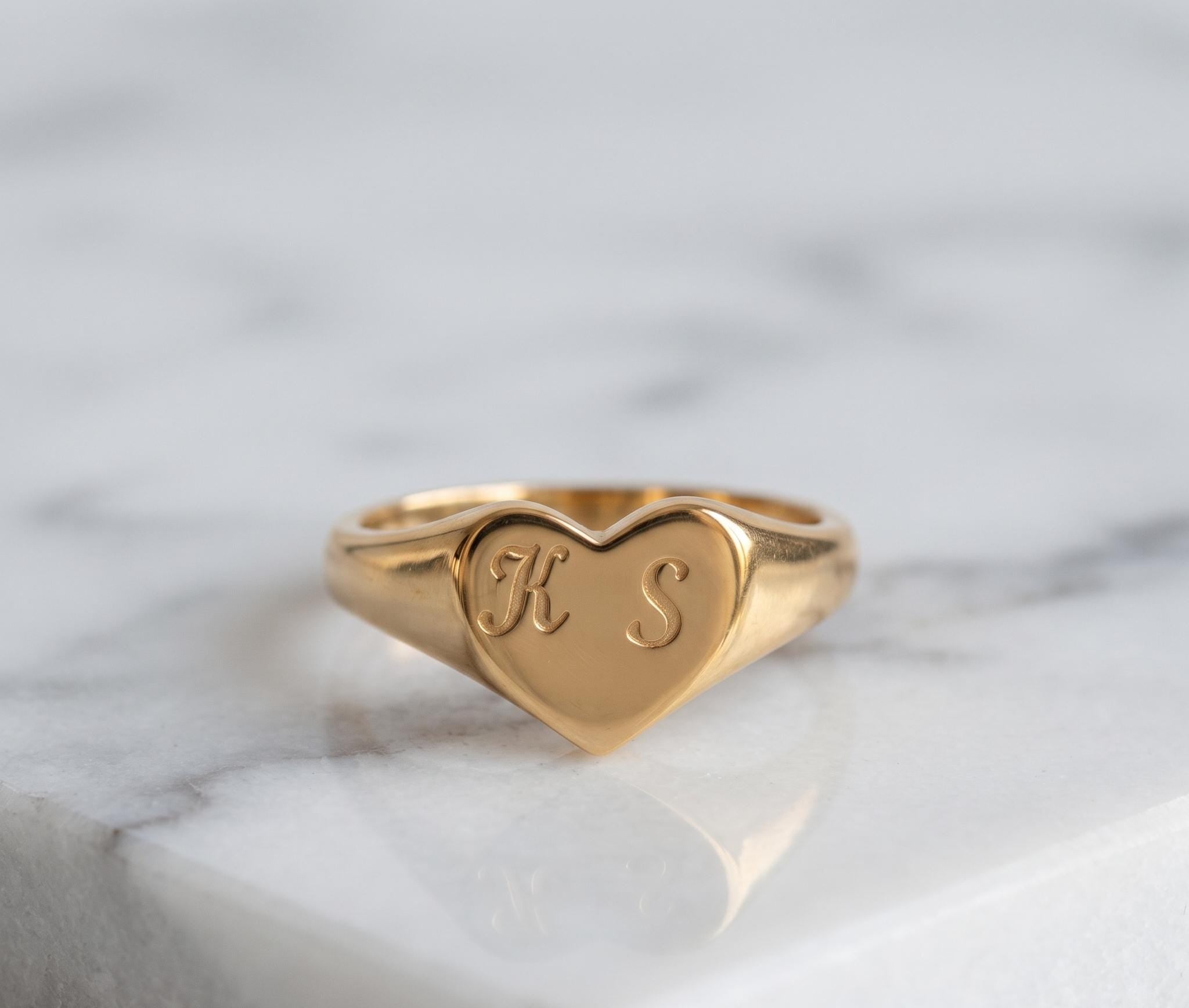 Custom Heart Signet Ring, Engraved Initials, 14K Gold Plated, Romantic Personalized Jewelry
