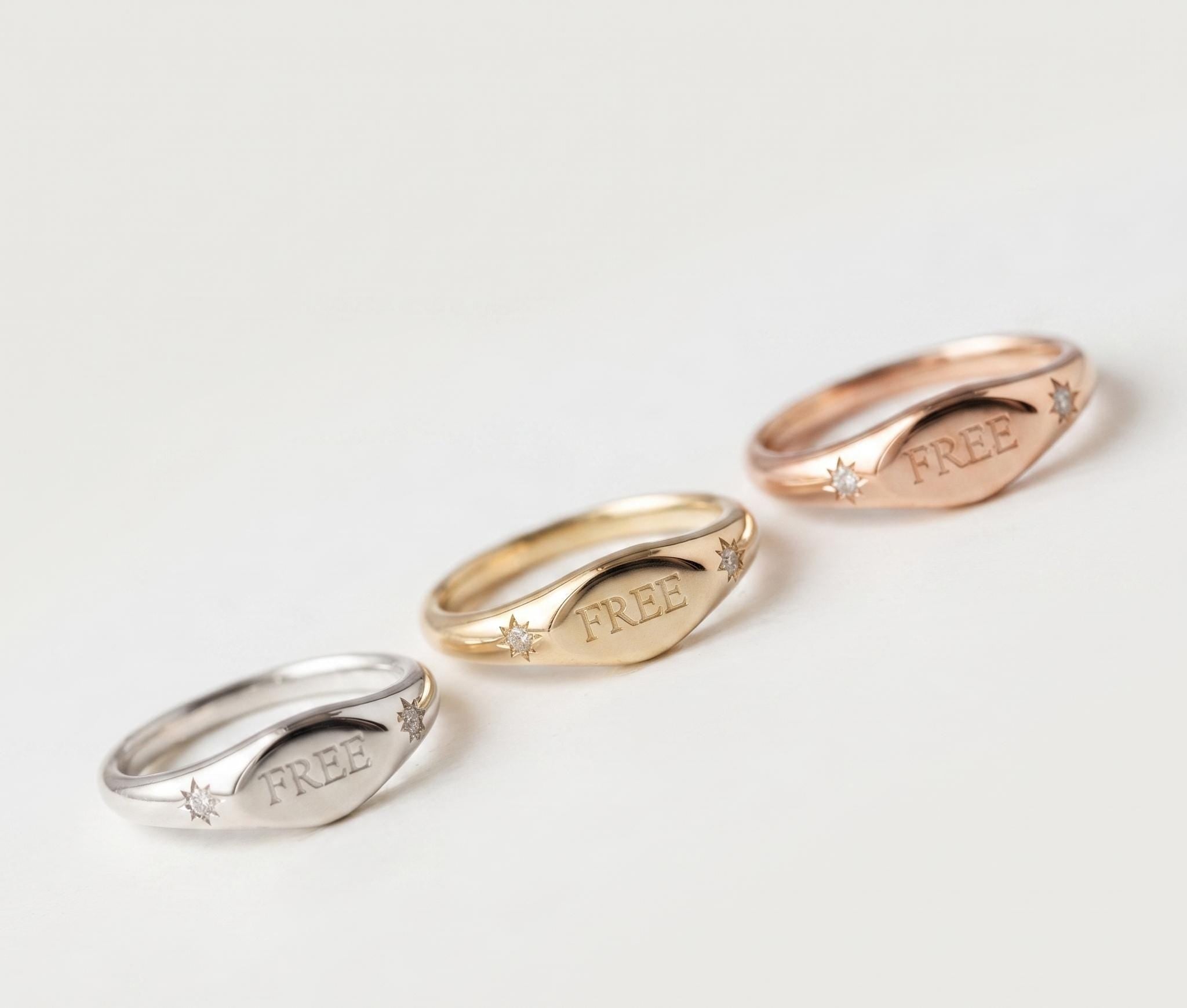 Engraved Gold Signet Ring, Custom Word Starburst Band, Minimalist Celestial Jewelry