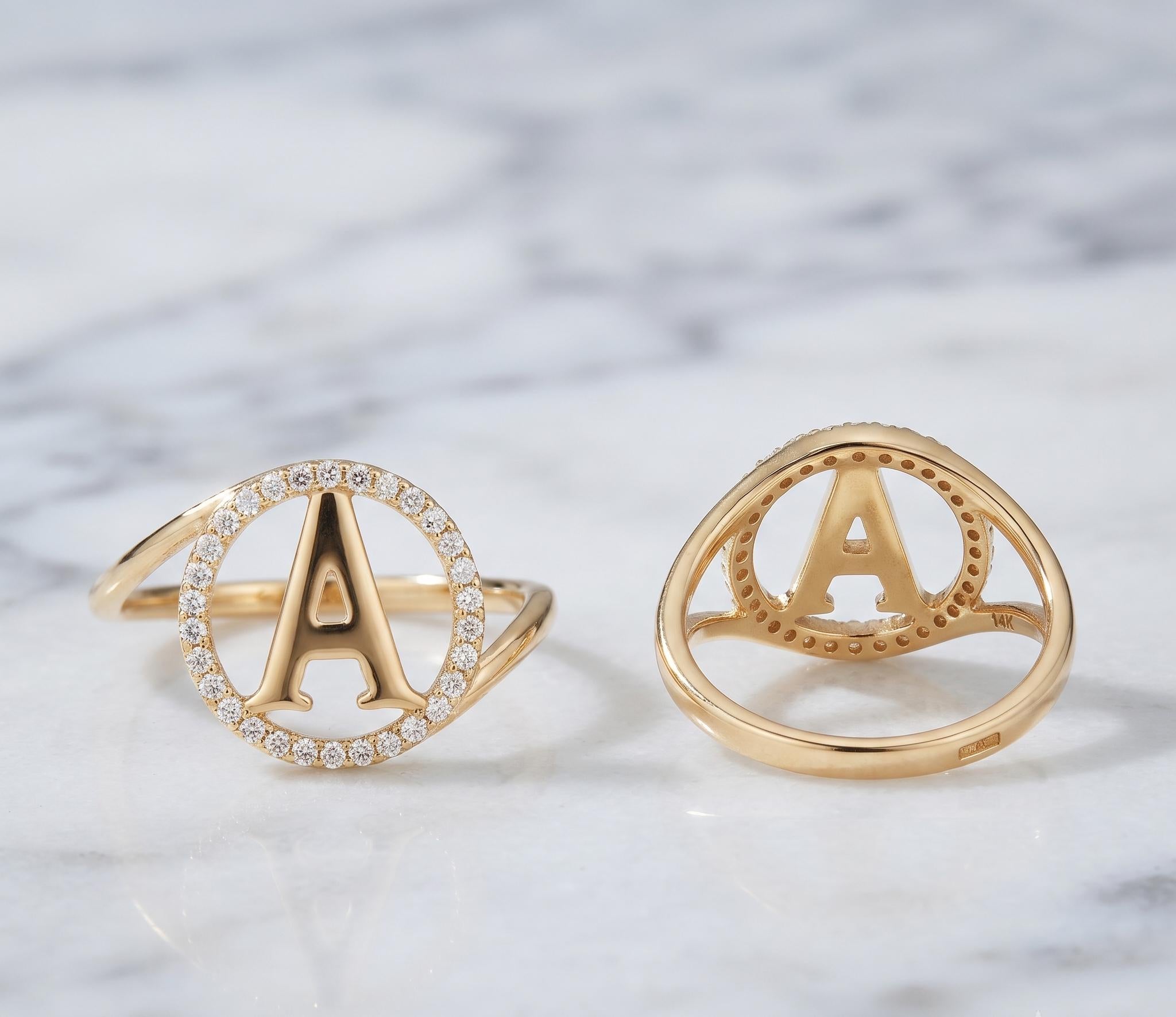 Personalized Initial Diamond Ring, Solid Gold Monogram Pavé Halo Ring