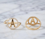 Personalized Initial Diamond Ring, Solid Gold Monogram Pavé Halo Ring