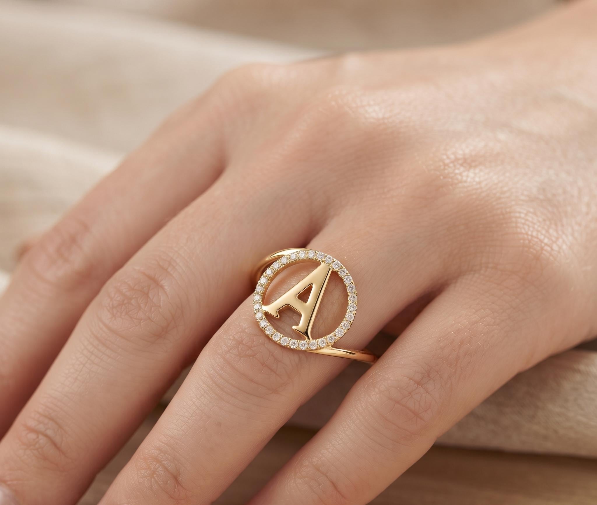 Personalized Initial Diamond Ring, Solid Gold Monogram Pavé Halo Ring