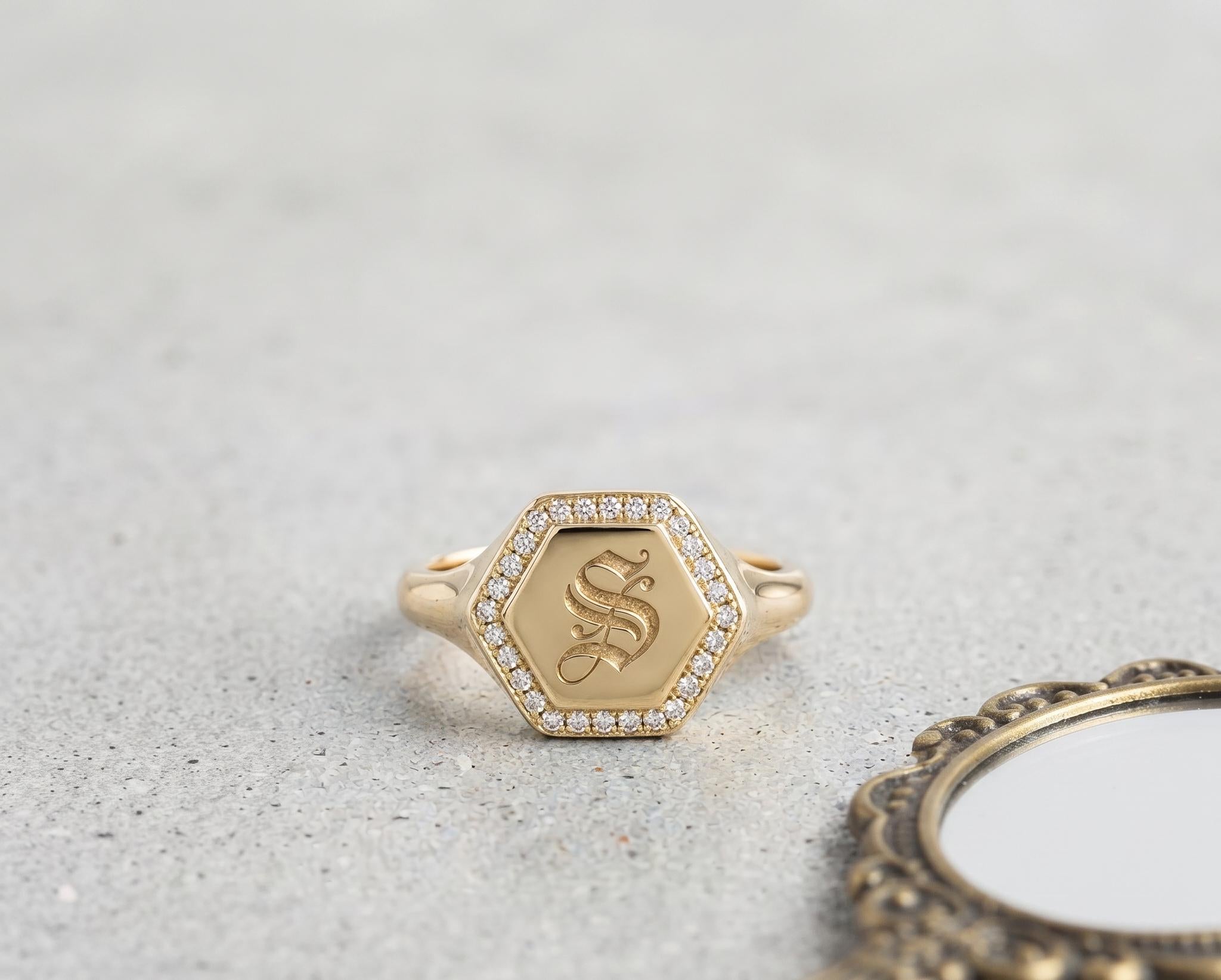 Hexagon Signet Ring, Old English Initial, Pave Diamond Border, Gold Statement Ring
