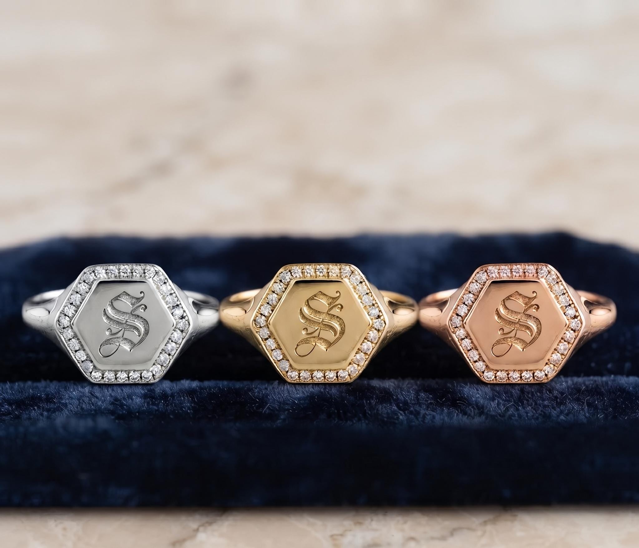 Hexagon Signet Ring, Old English Initial, Pave Diamond Border, Gold Statement Ring