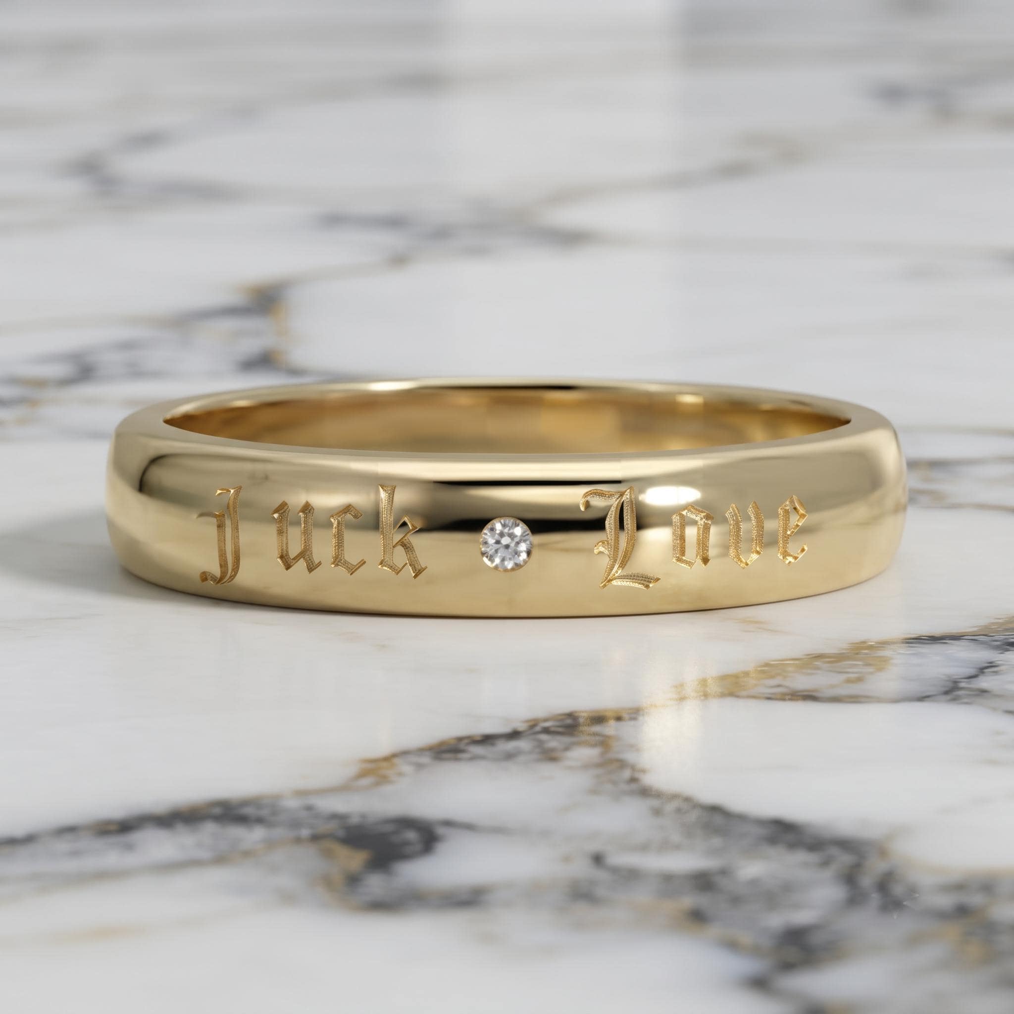 Fuck Love Engraved Ring, Gold Dome Band with Diamond, Bold Statement Ring, Gothic Script Ring, Minimalist  Band, Unique Anti Valentine Gift