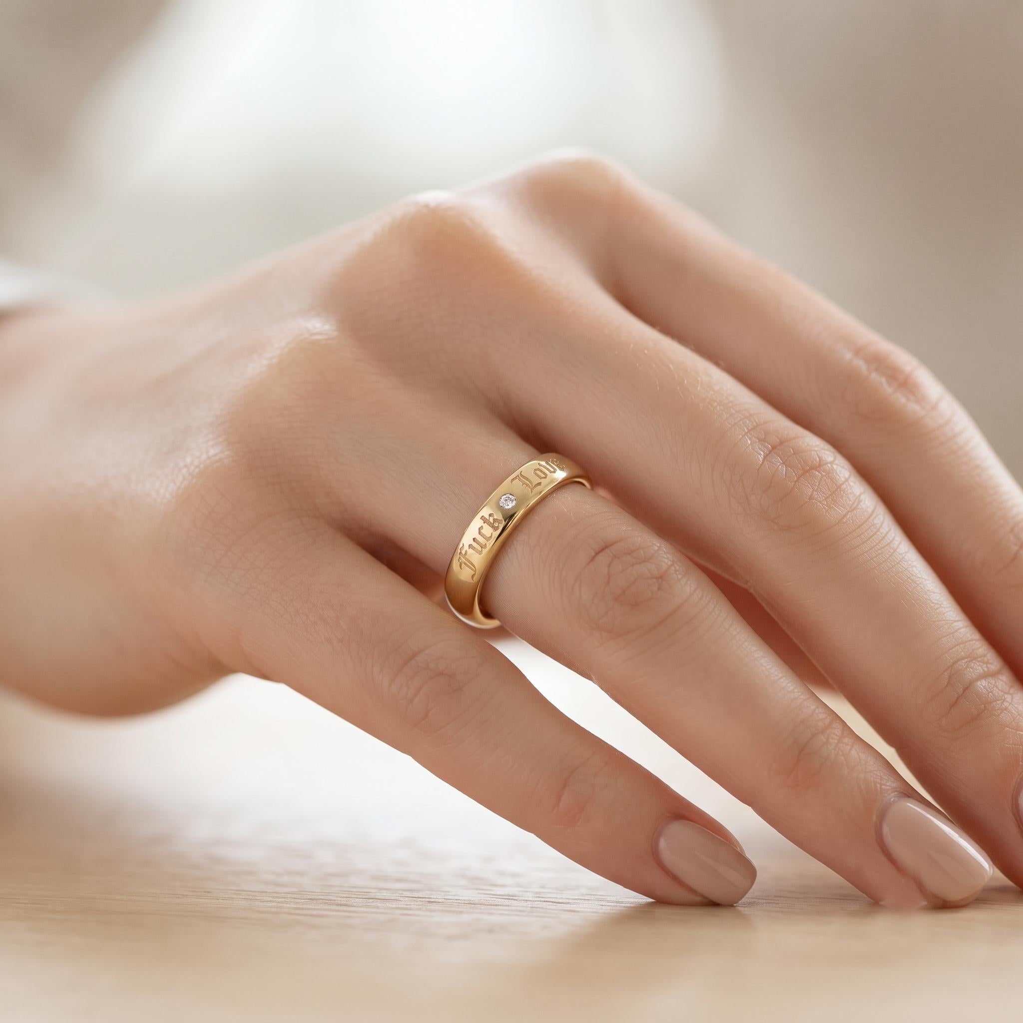 Fuck Love Engraved Ring, Gold Dome Band with Diamond, Bold Statement Ring, Gothic Script Ring, Minimalist  Band, Unique Anti Valentine Gift