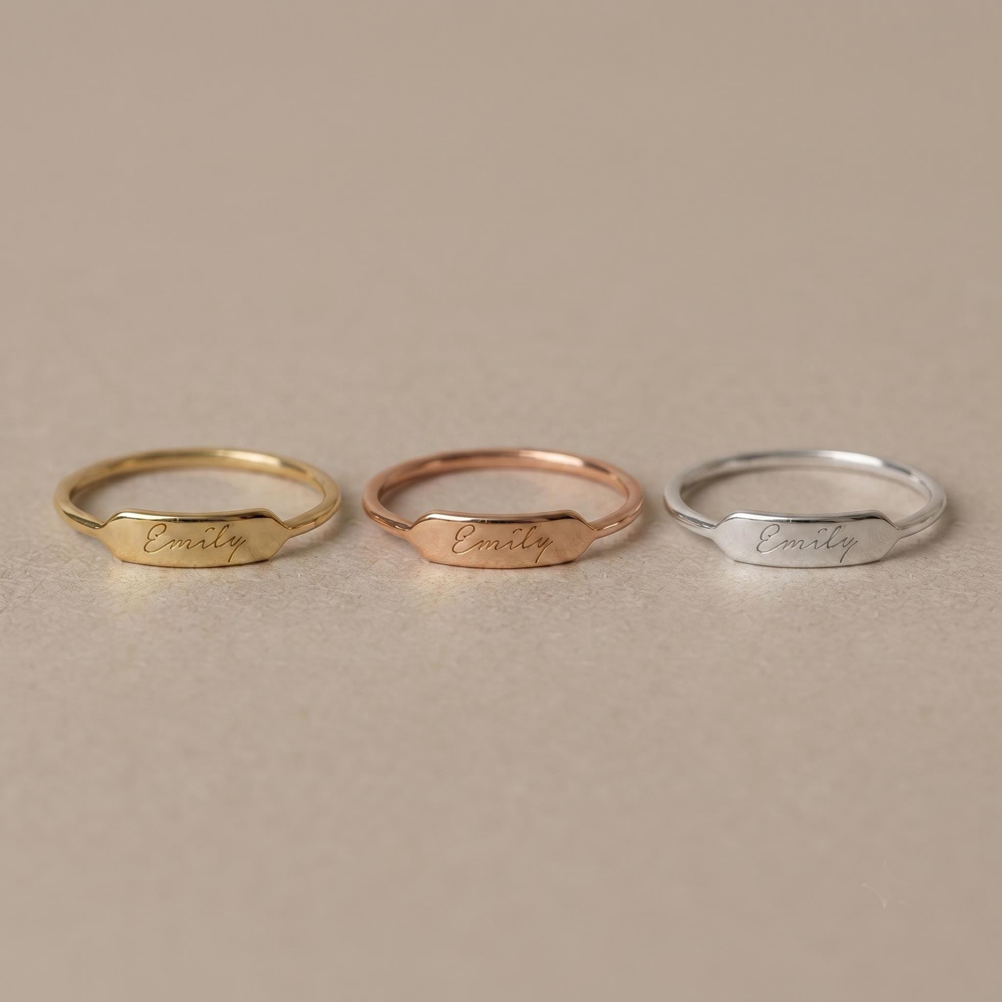 Personalized Hand-Engraved Name Ring - Minimalist Gold Bar Ring for Mom, Bridesmaids, or Everyday Wear