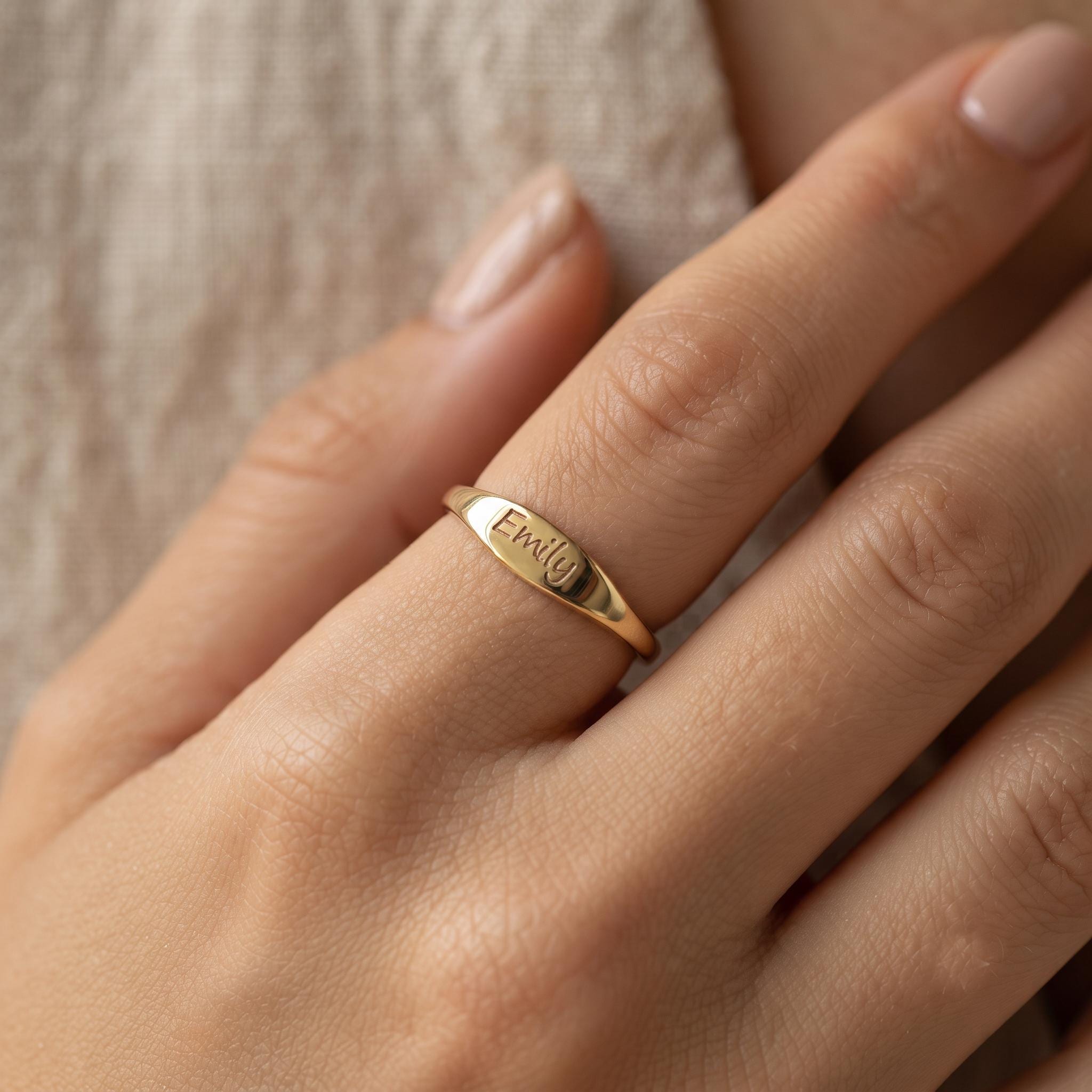 Personalized Slim Signet Ring • Custom Engraved Dainty Nameplate Gold Band