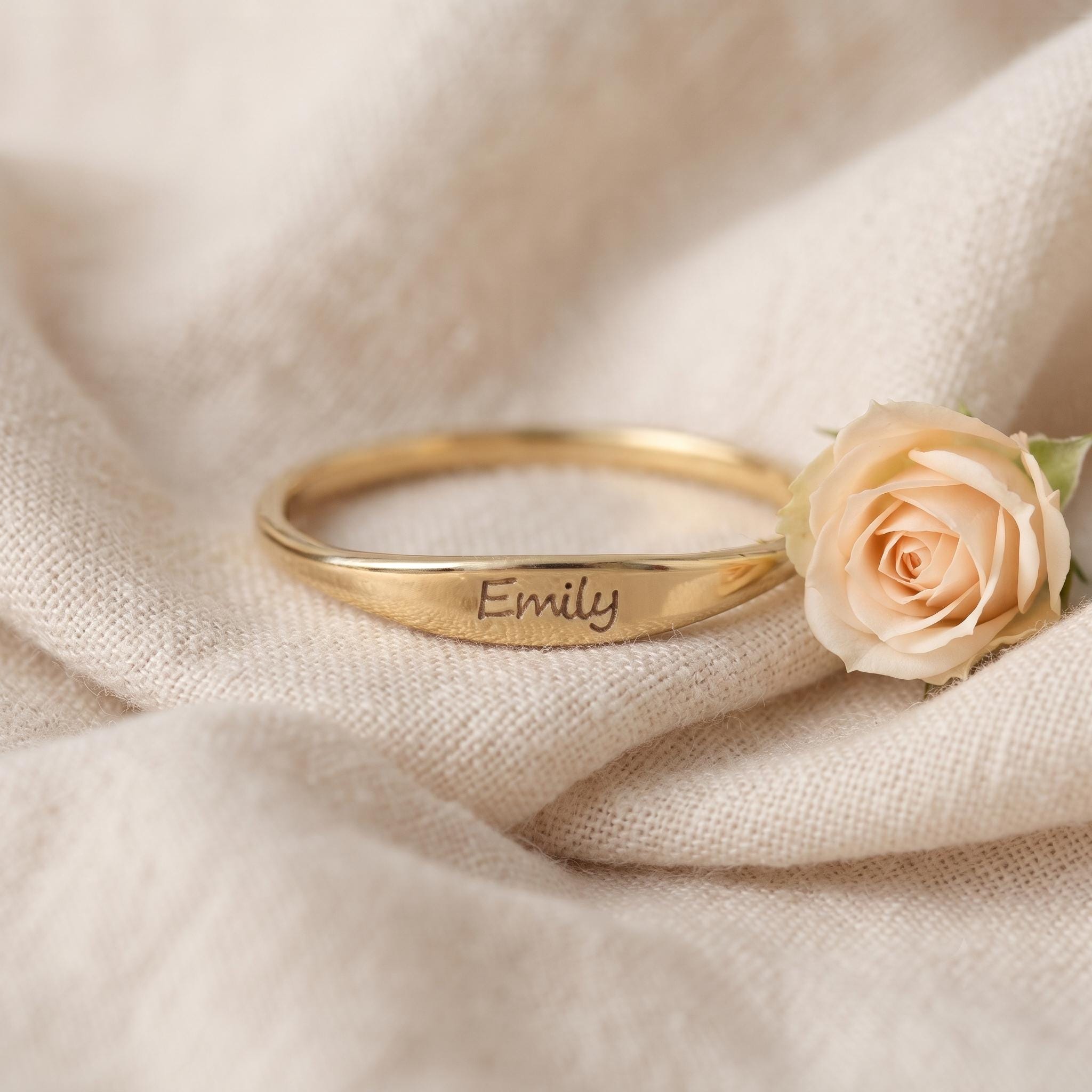 Personalized Slim Signet Ring • Custom Engraved Dainty Nameplate Gold Band