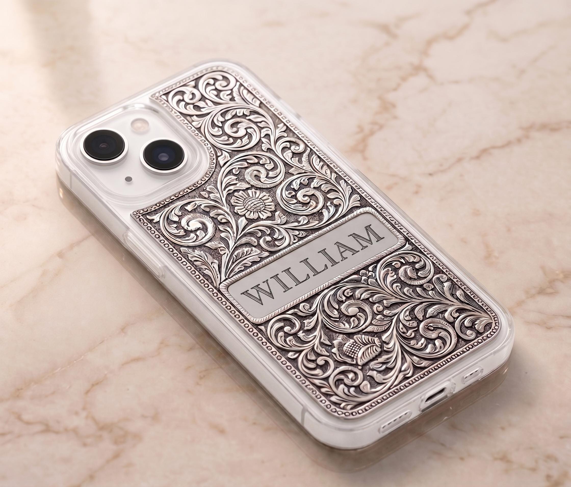 Personalized Engraved Floral iPhone Case, Vintage Western Name Cover